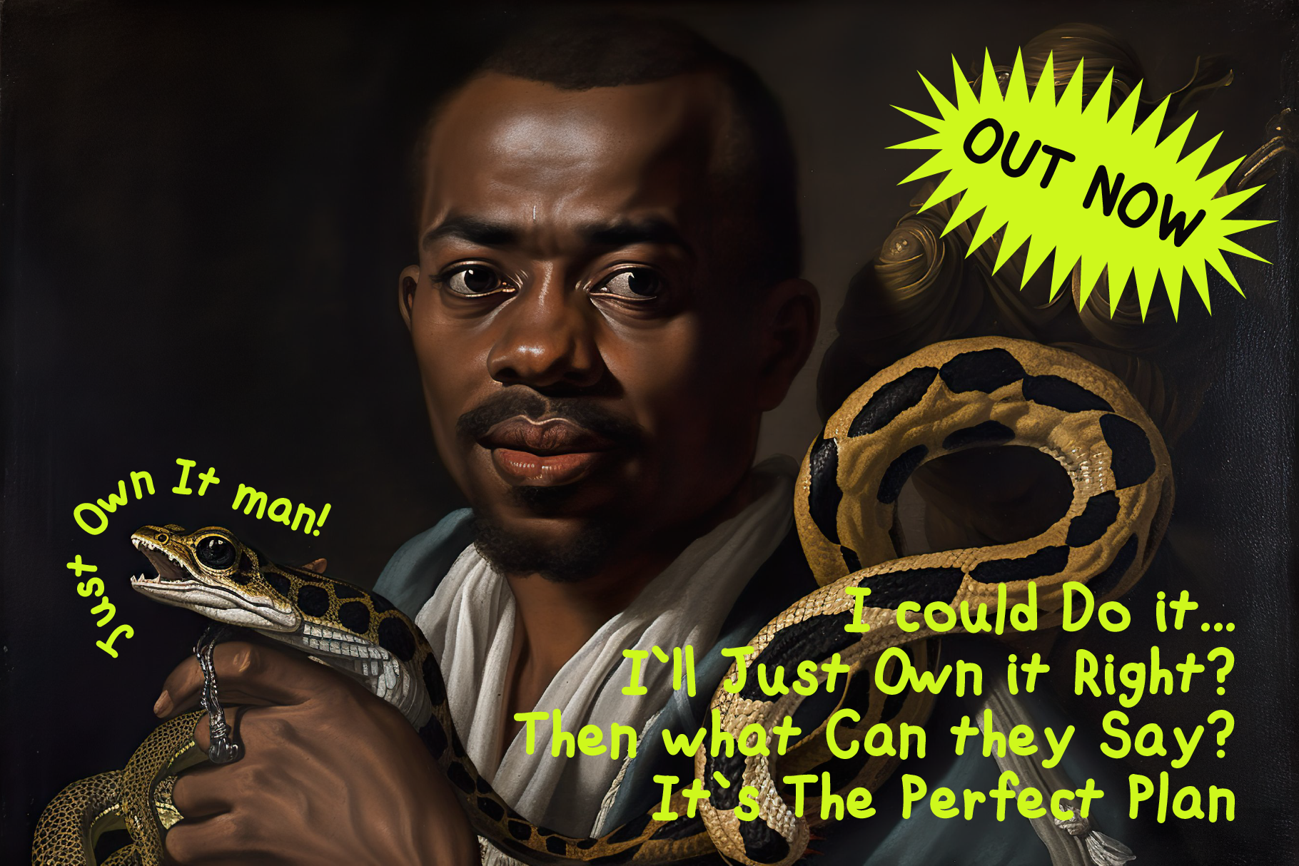 Portrait with a man holding a snake, featuring bold text elements in bright colors. Ideal for graphic design projects. Perfect for digital asset marketplace.