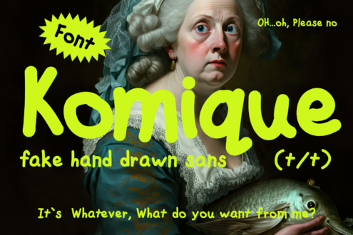 Surprised woman holding fish with massive neon yellow Komique font display