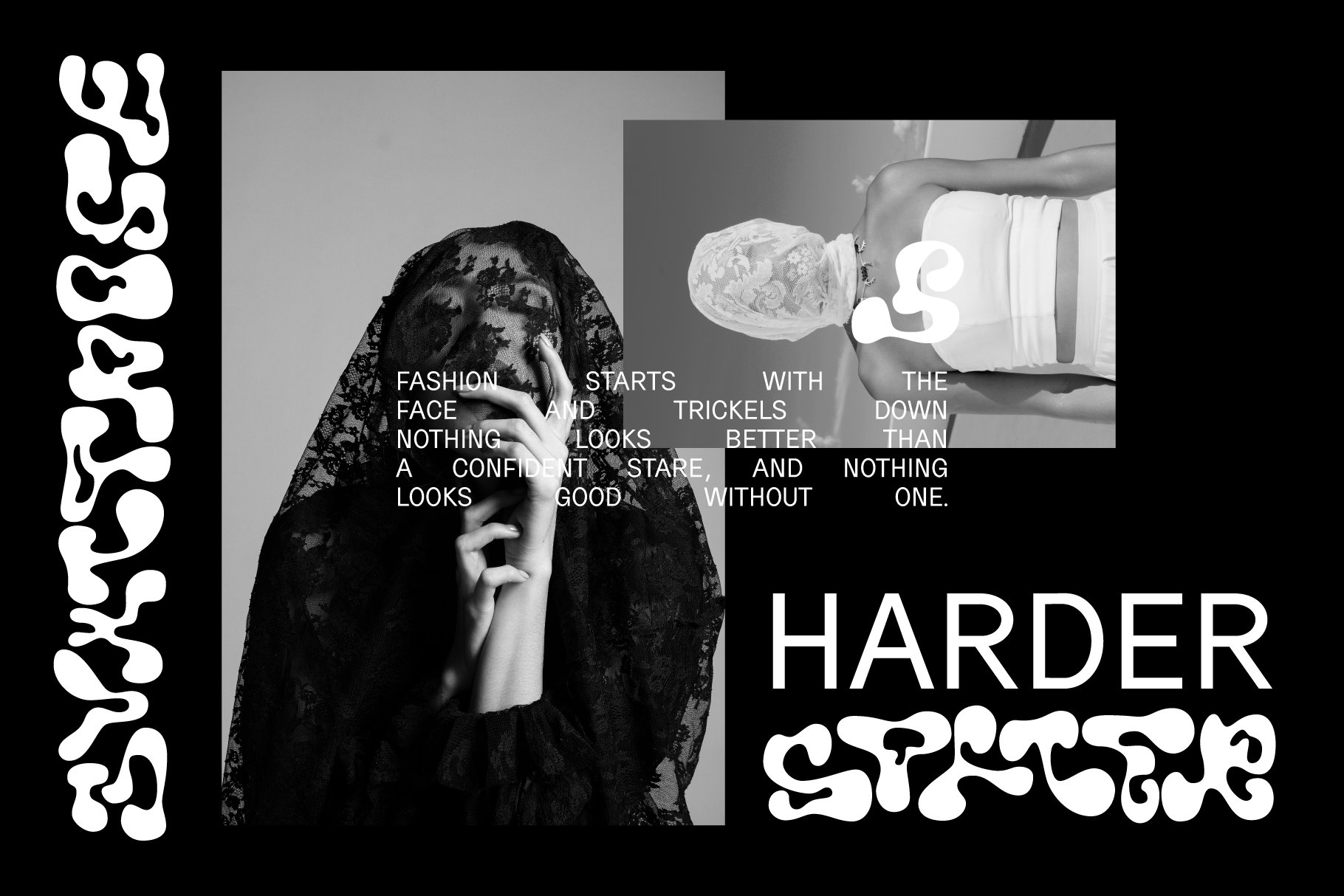 Avant-garde fashion template featuring abstract typography and grayscale imagery for designers. Ideal for creative projects. Fashion, typography, design.