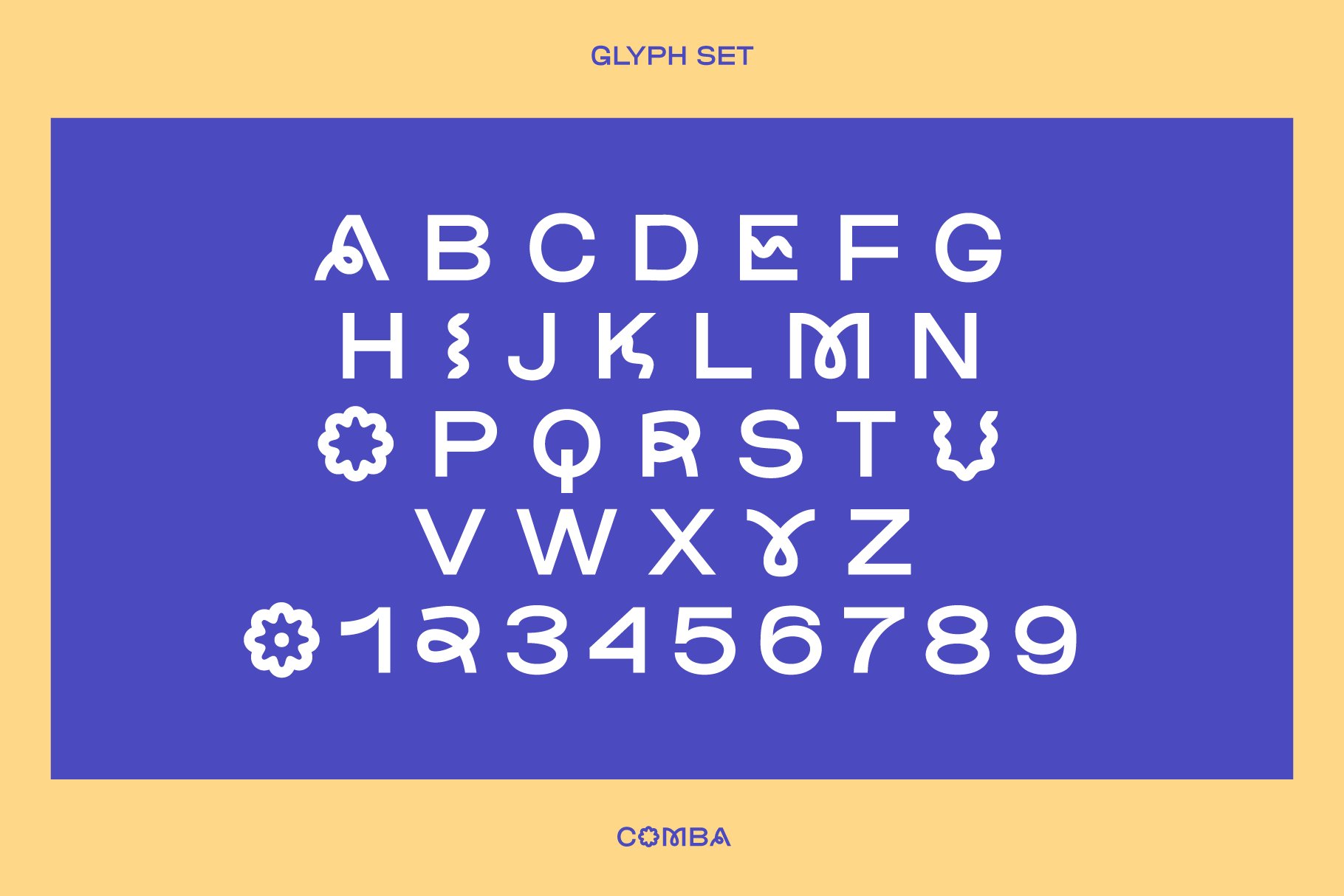 Bold modern font set featuring unique glyph designs with letters A to Z and numbers 0 to 9 on a blue background ideal for graphic designers.