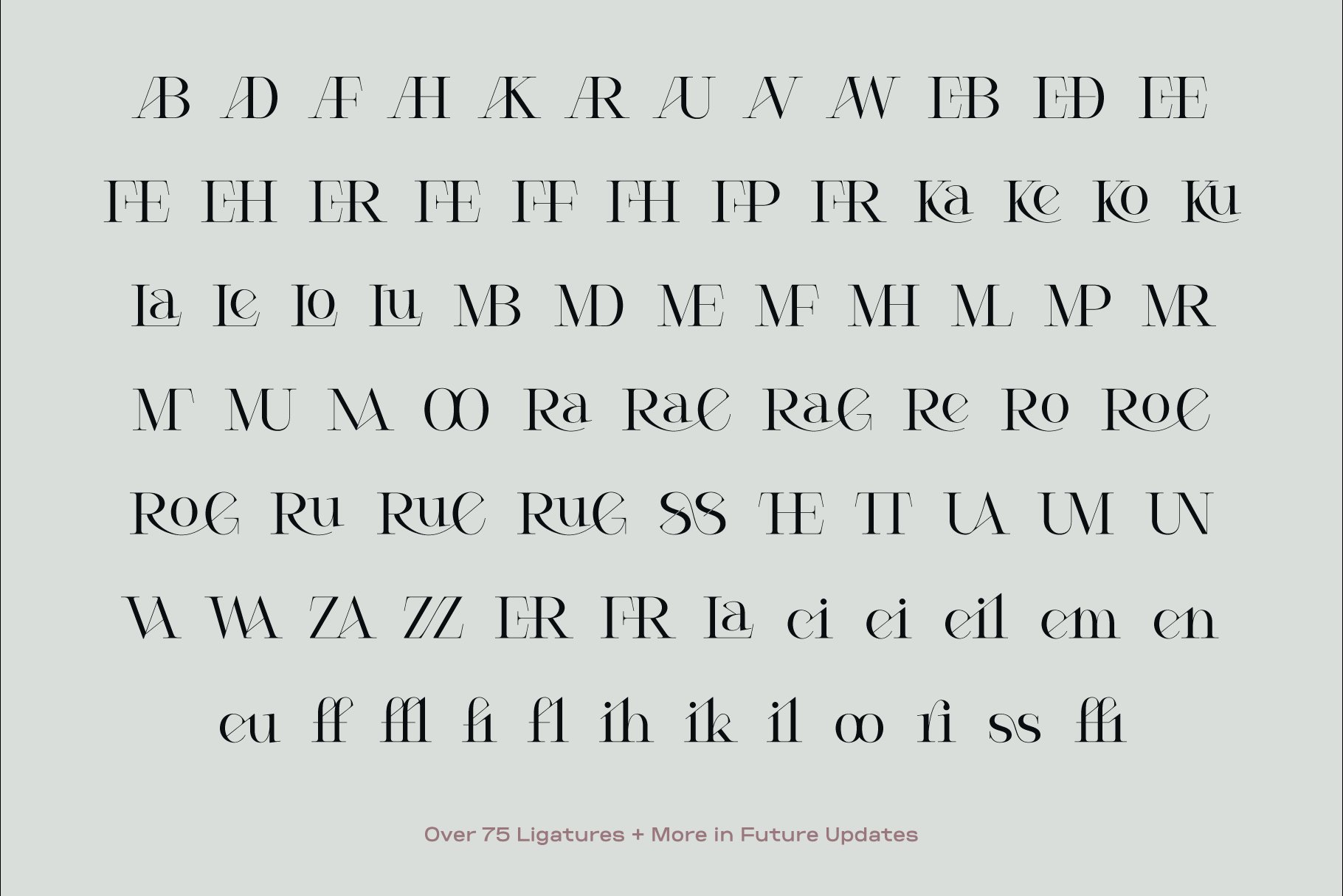 Elegant font design featuring over 75 unique ligatures for designers. Perfect for modern typography projects. Ideal for graphic designers and typographers.