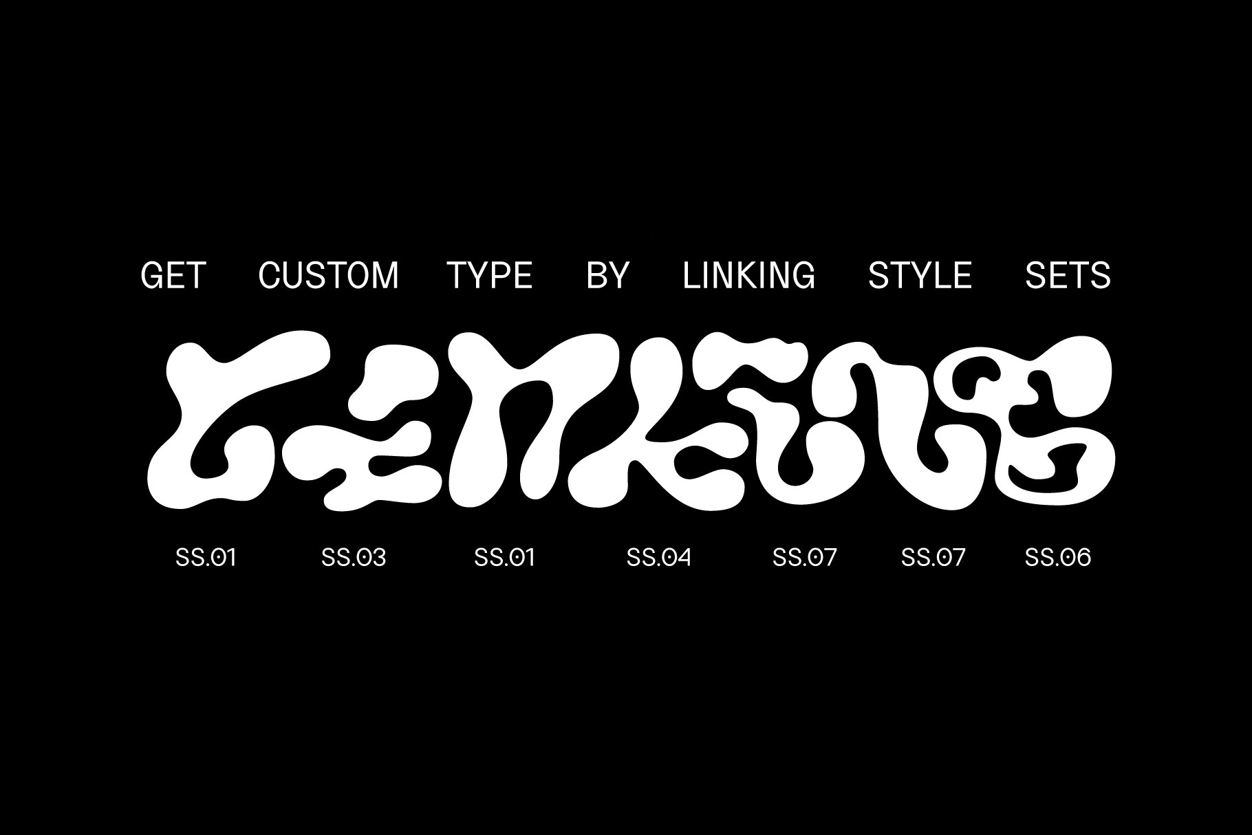 Unique custom font design with bold, abstract lettering against black background. Ideal for digital assets, typography, graphic templates, design tools.