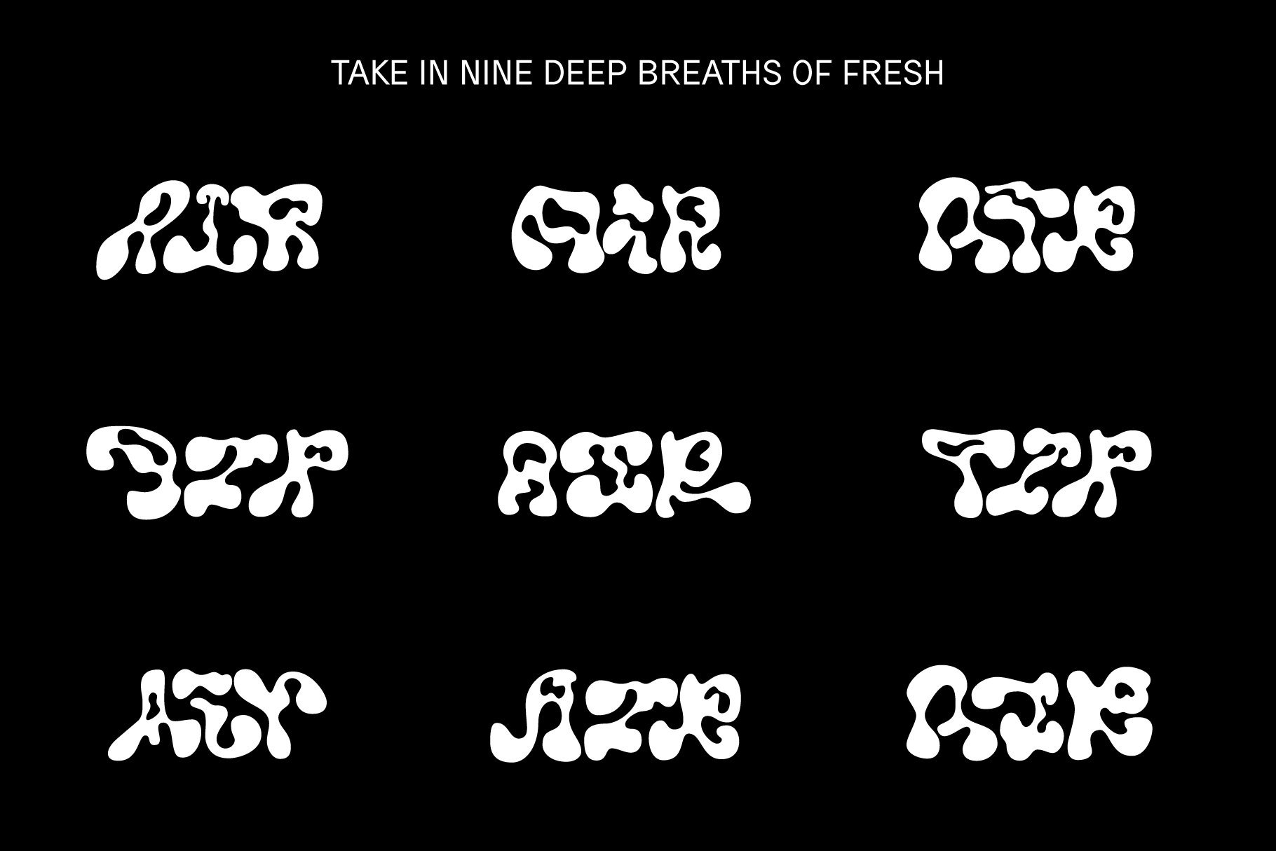 Abstract digital font graphic with nine unique typography styles on a black background. Ideal for designers seeking creative typography assets.