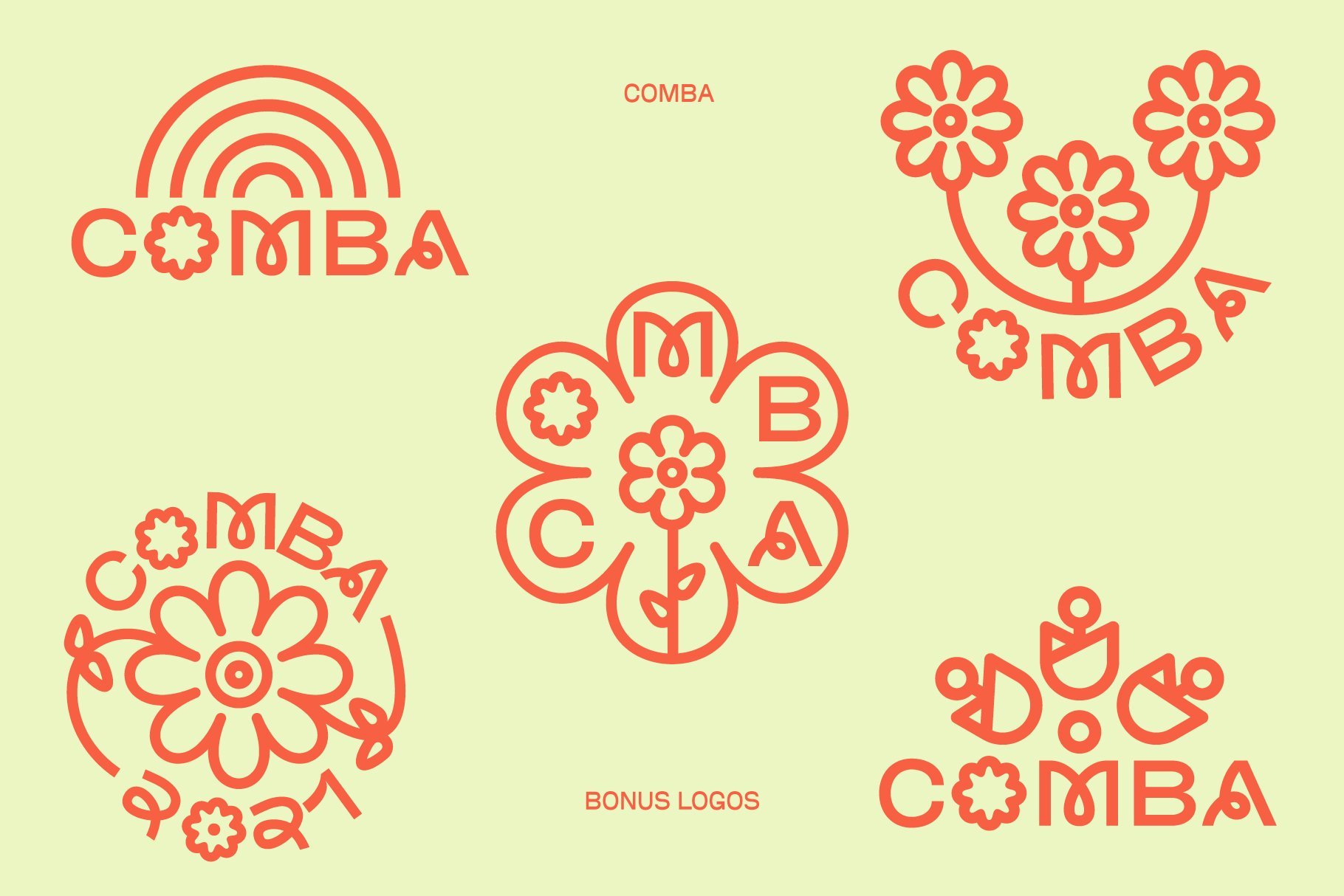 Bold floral logo designs titled Comba in red on a green background for creative branding visuals. Perfect for templates and graphic design projects.