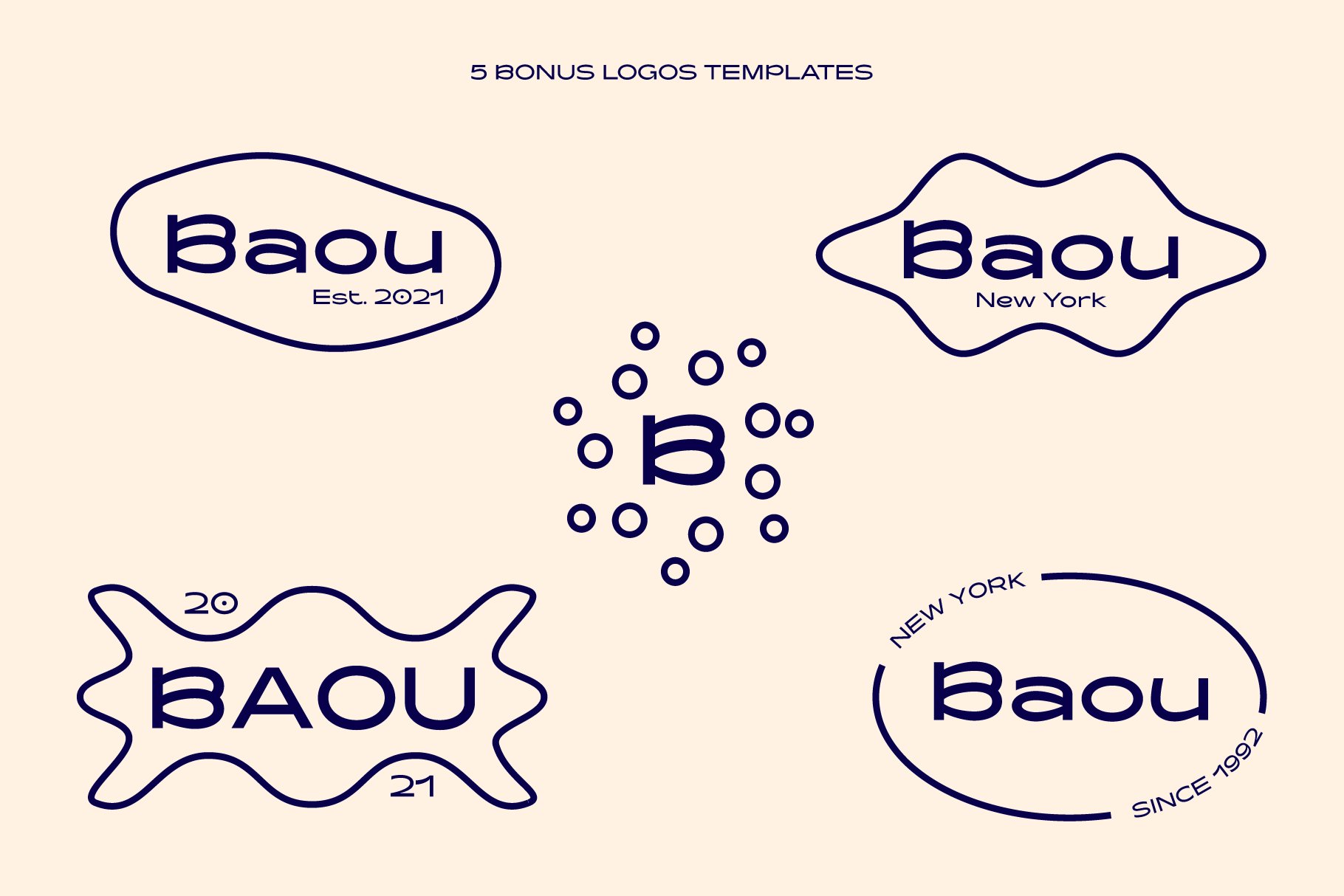 Five minimalist logo templates featuring wavy shapes and modern typography suitable for branding mockups and design projects.