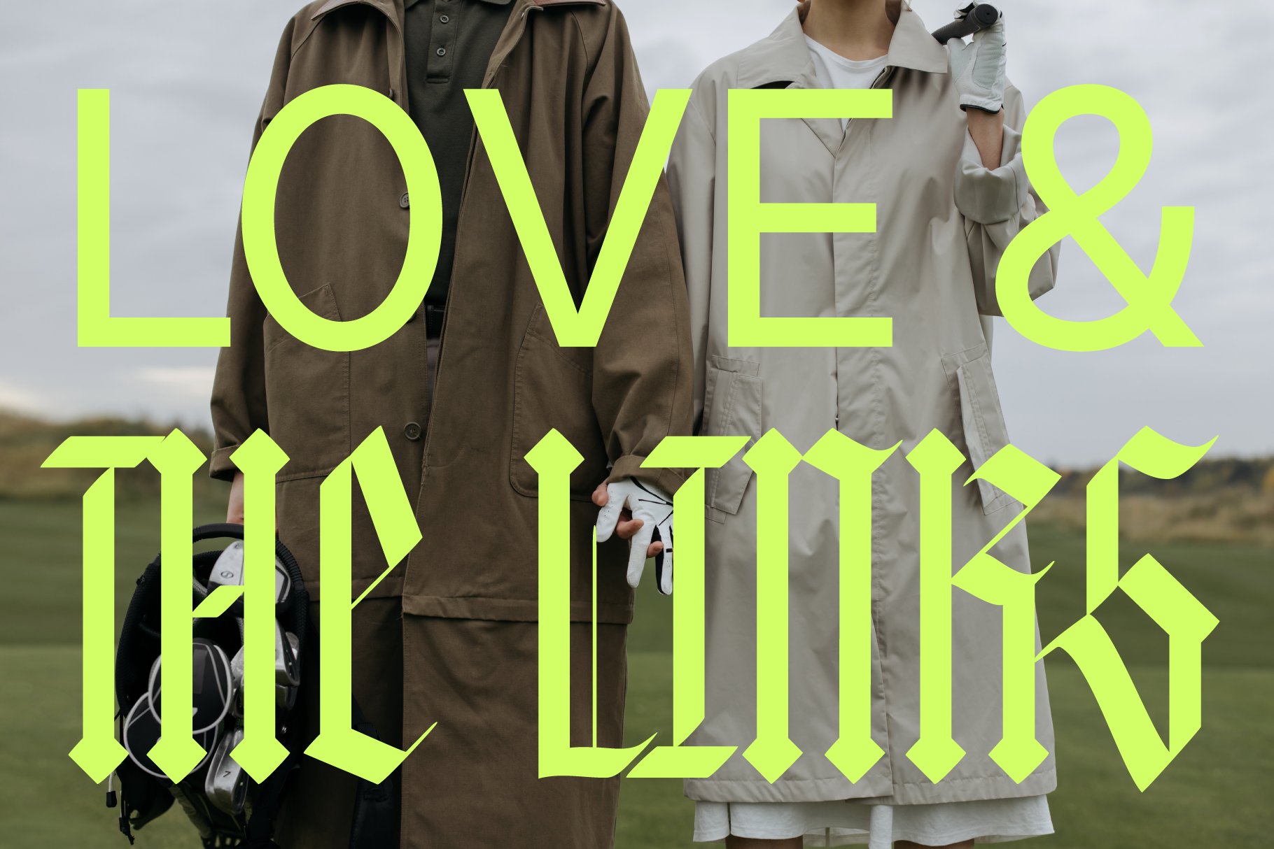 Golf-themed graphic with bold neon typography Love and the Links over two people in coats with golf clubs. Perfect for design mockups and templates.