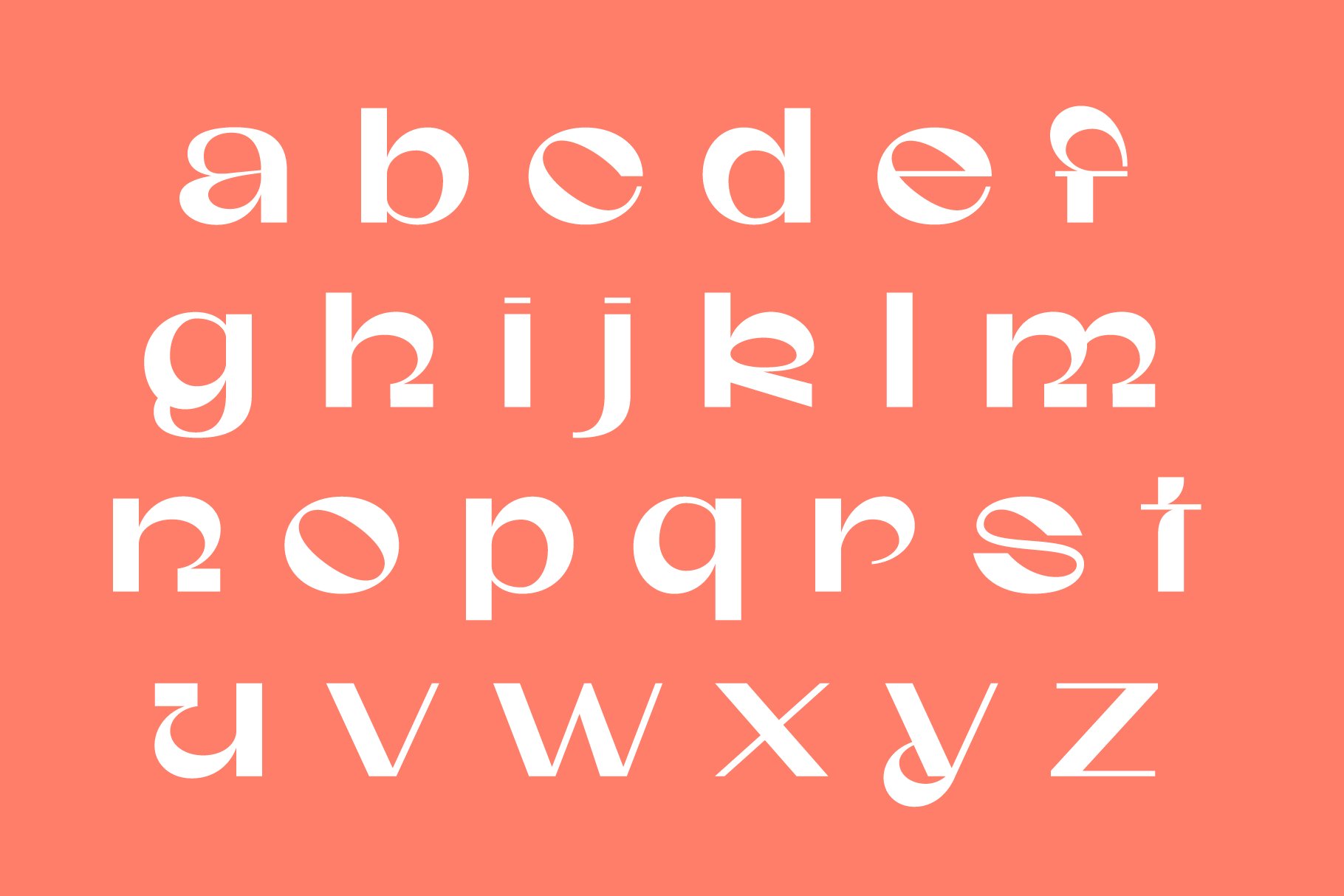 Modern sans-serif font with unique curves and geometric shapes on a coral background; ideal for design projects, typography, graphic resources.