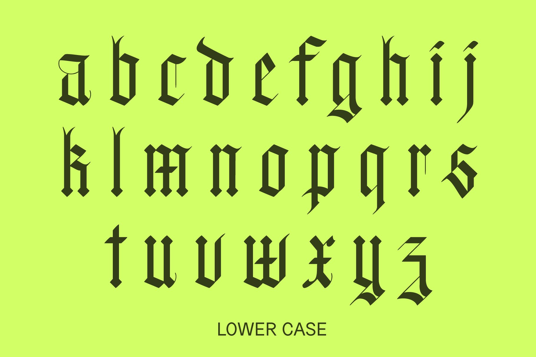 Gothic blackletter lowercase alphabet typography on yellow background for designs fonts templates calligraphy medieval style graphic designers resources.