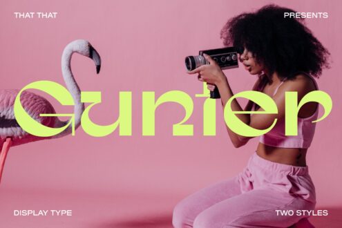 Neon yellow display typeface with flamingo woman holding film camera