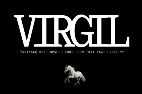 Virgil typeface title with variable mono spaced font description on black, white horse trotting below