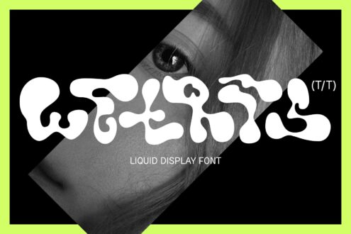 Liquid display font specimen with neon border over rotated eye photo