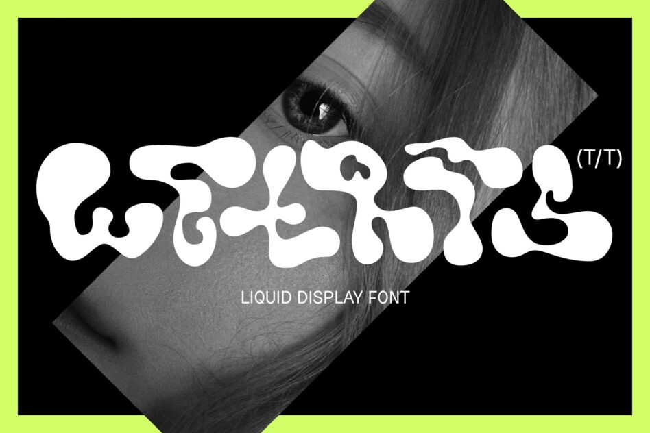 Liquid display font specimen with neon border over rotated eye photo