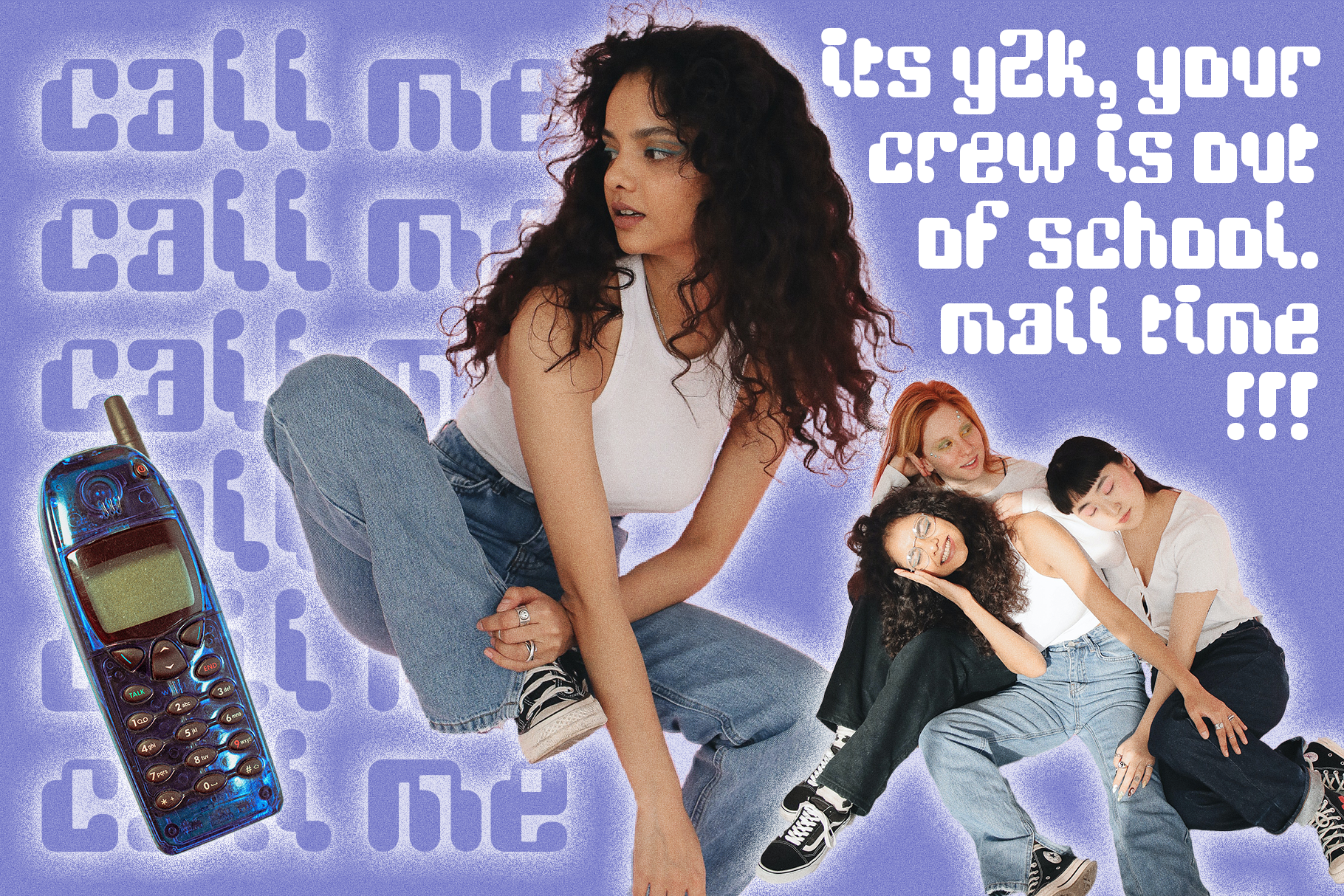 Retro Y2K aesthetic design with group of friends, classic phone, trendy fonts on purple background, ideal for graphic templates and digital assets.
