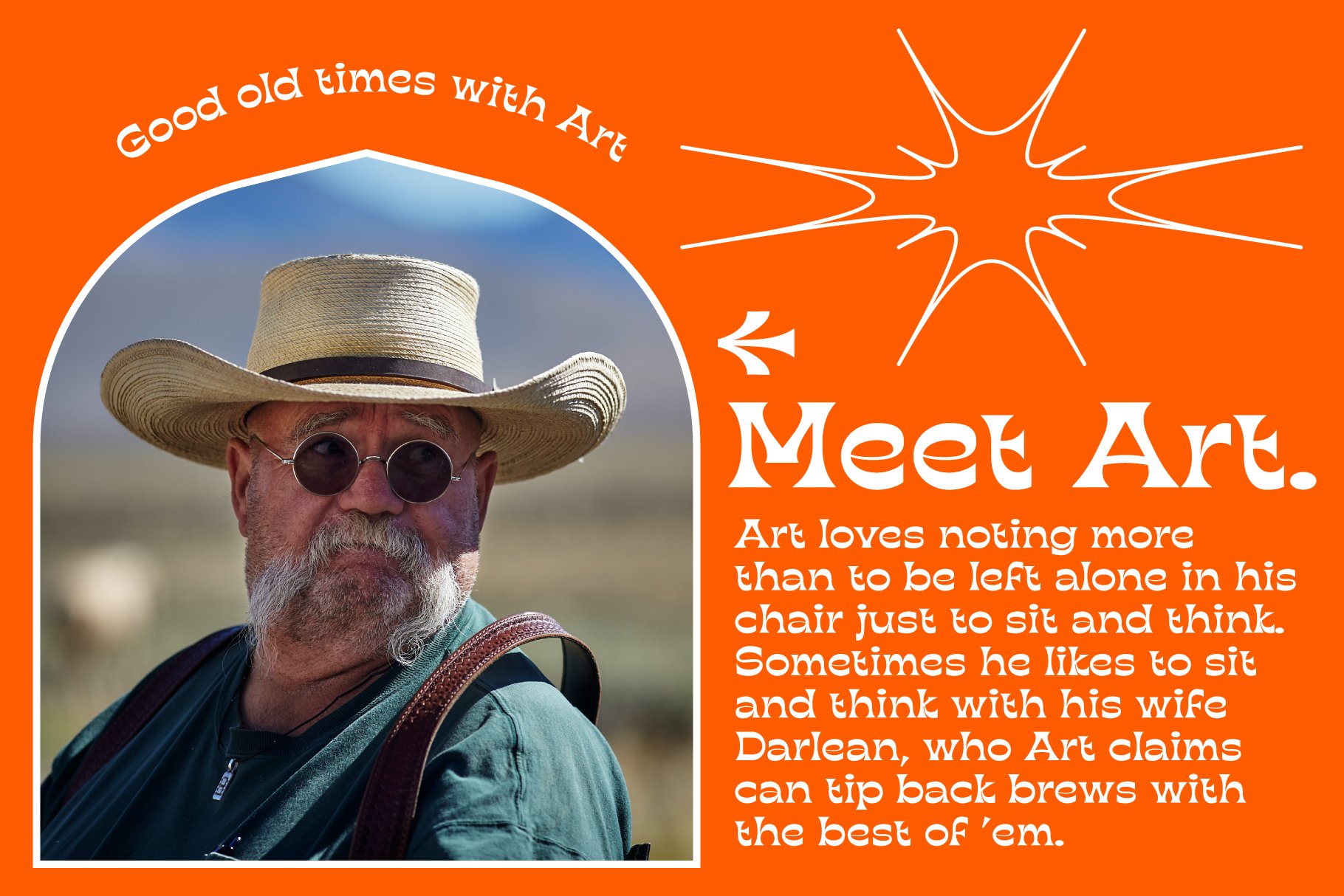 Orange background with bearded cowboy in sunglasses wearing straw hat on left, text about Art on right