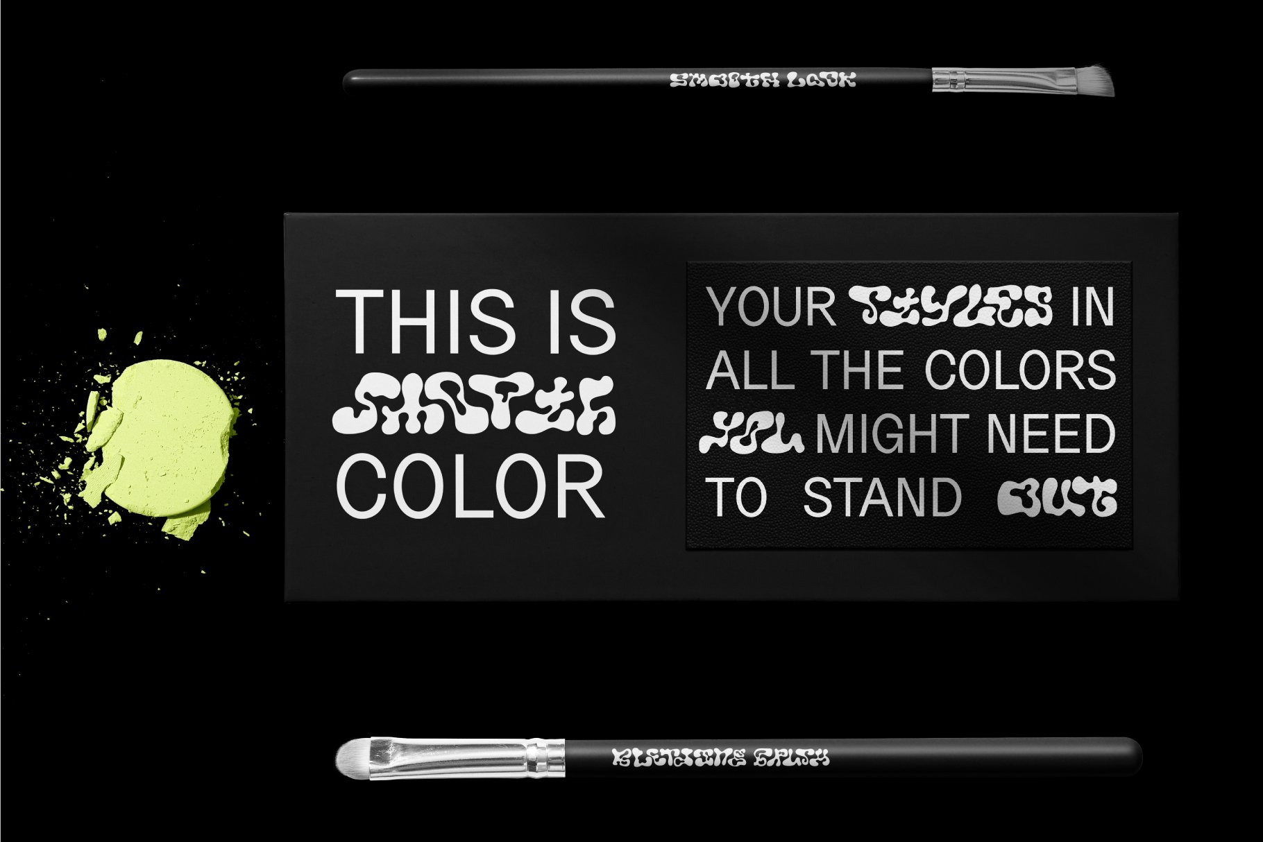 Modern typography mockup featuring customizable text on a black background with paint brush and color splash. Ideal for graphic designers, templates.