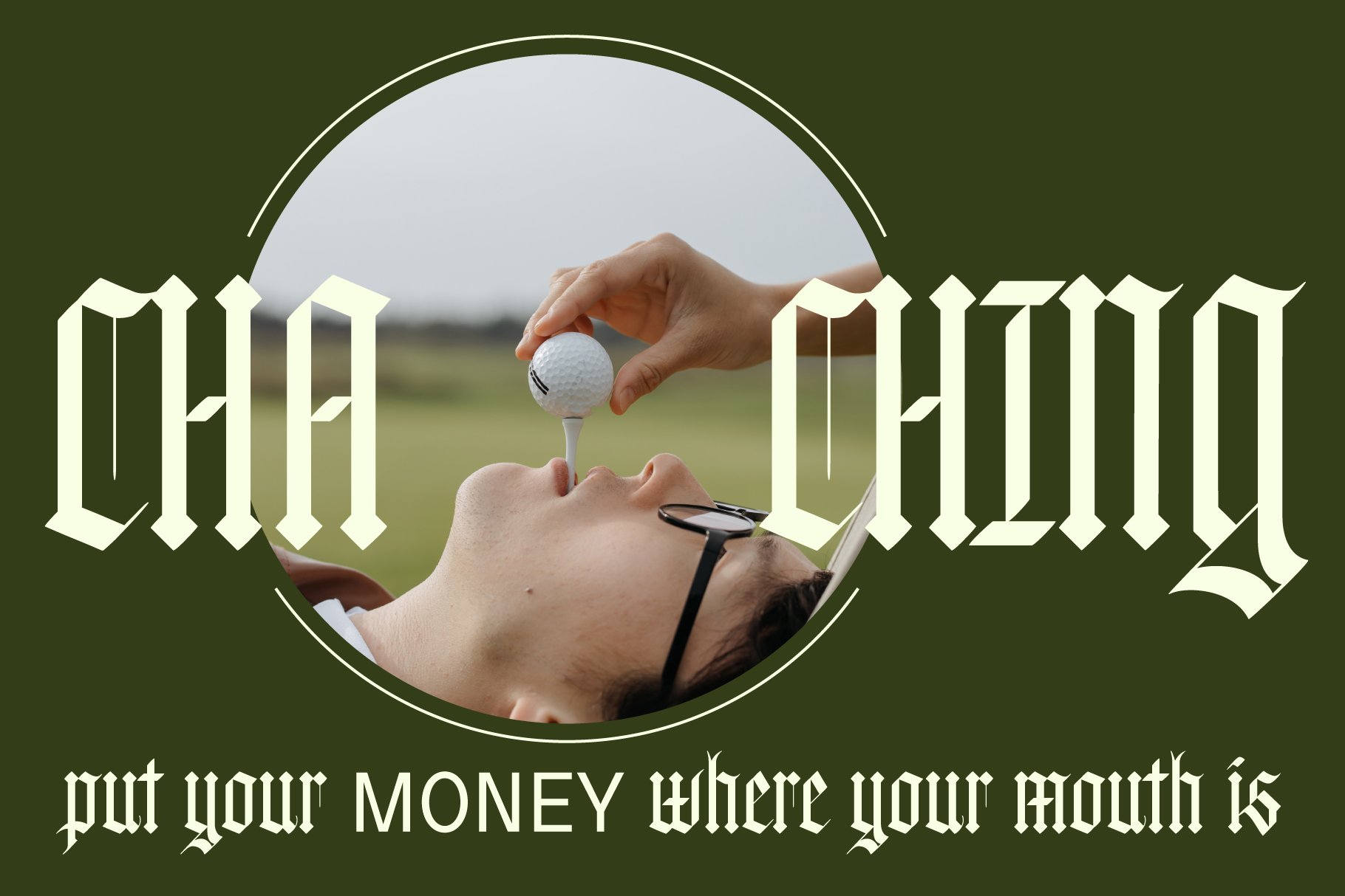 Designer-friendly mockup with elegant Gothic font overlay, featuring a creative visual of a person placing a golf ball in mouth, ideal for typography projects.