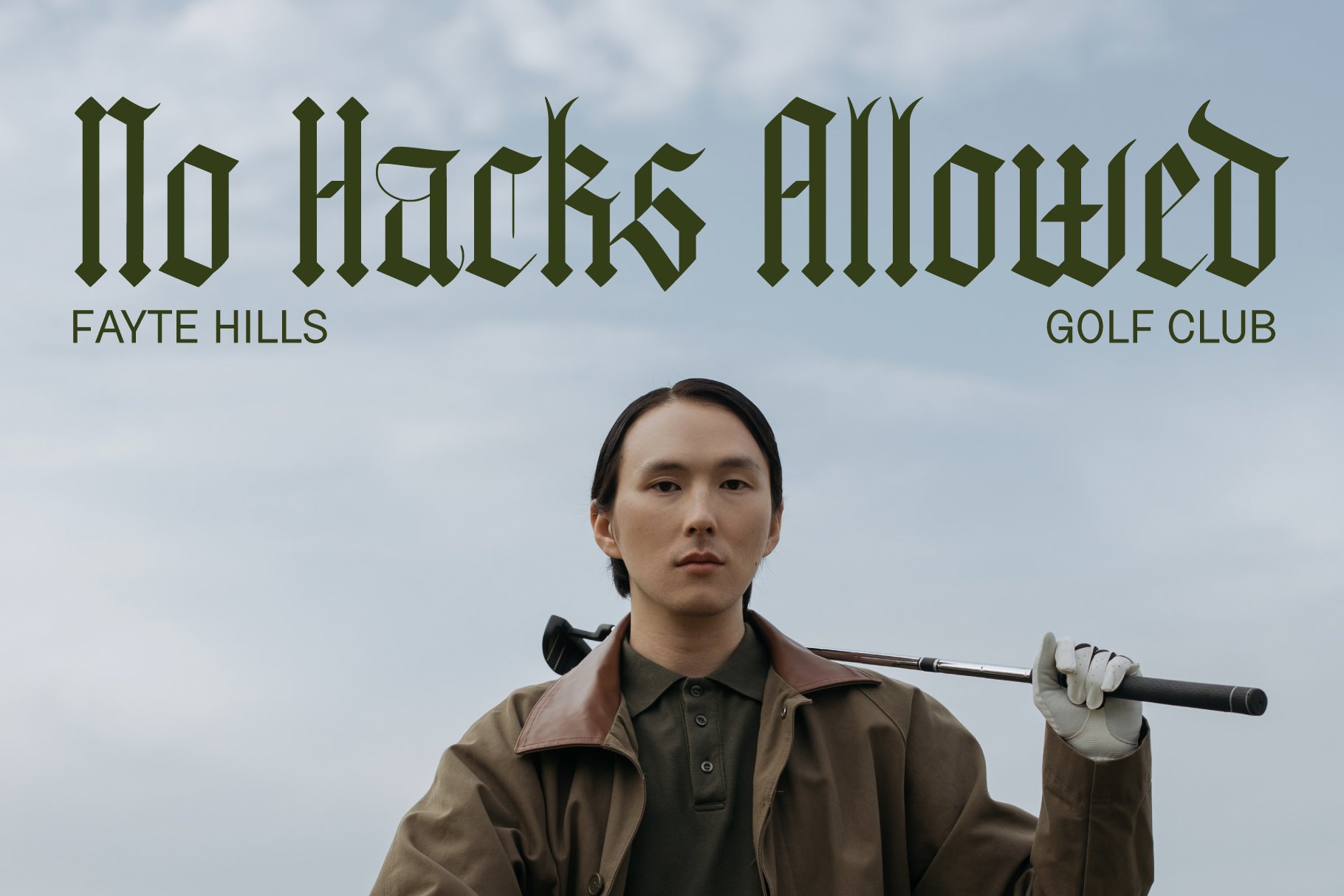 Elegant golfer with club on shoulder, clear sky background, NO HACKS ALLOWED text in gothic font, ideal for mockup or design template for creatives