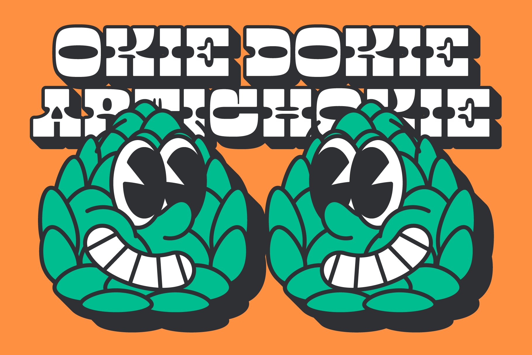 Bold retro font design with smiling cartoon artichokes on vibrant orange background, perfect for graphic templates and creative projects.