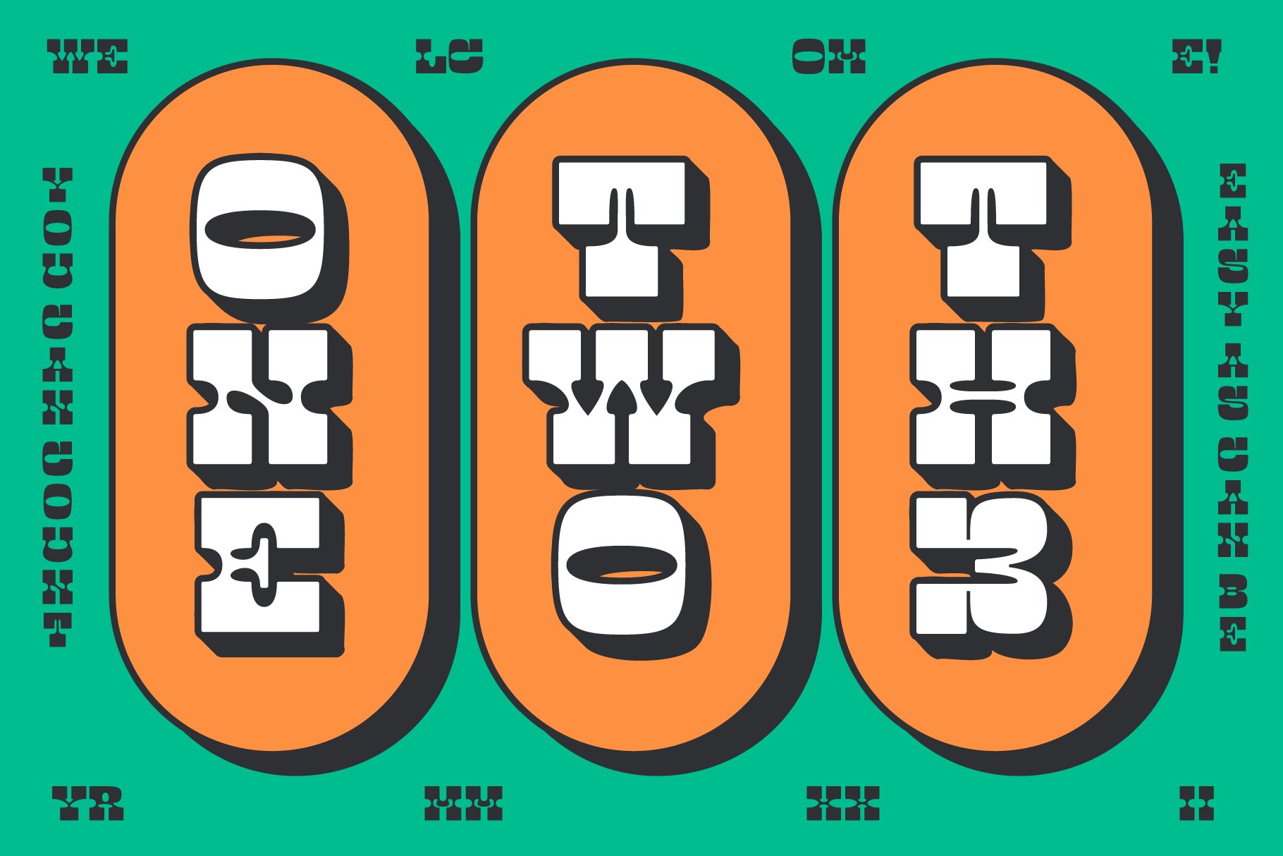 Bold typography graphic with retro style text ONE TWO THREE in orange ovals on teal background. Ideal for design templates, digital assets, fonts.