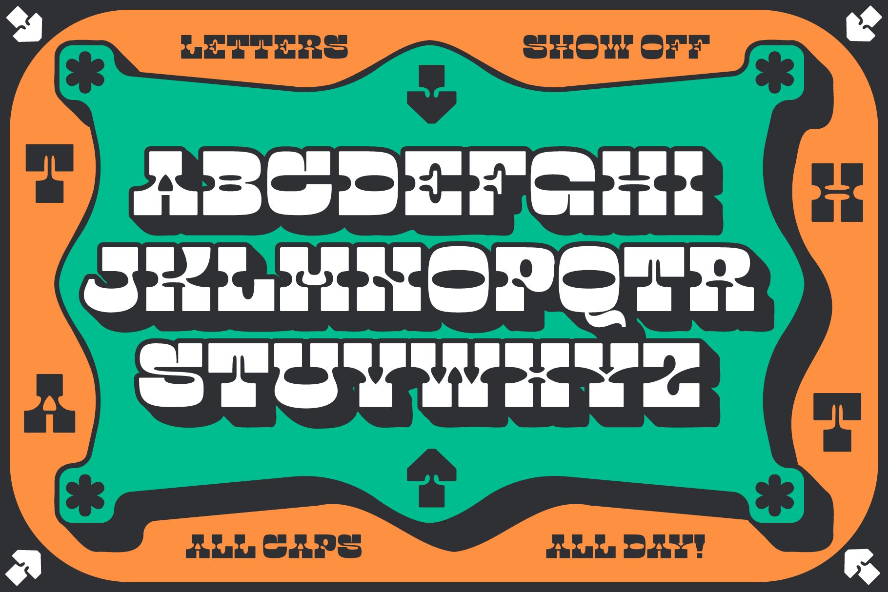 Bold all-caps retro font displaying the full alphabet in a vintage poster style for typography, graphic design, and creative templates.