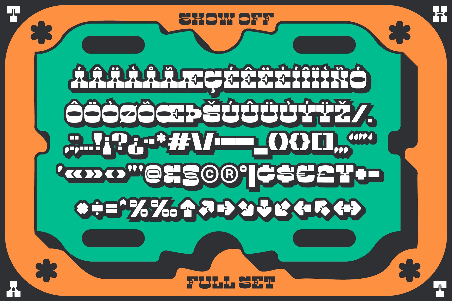 Bold retro font set featuring decorative typography on a green and orange background. Ideal for graphic design, templates, and typography projects.