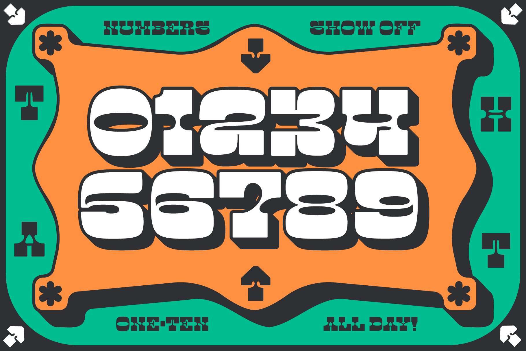 Bold retro font numbers 0-9 on orange background with teal frame. Ideal for graphic designers looking for vintage templates and typography mockups.