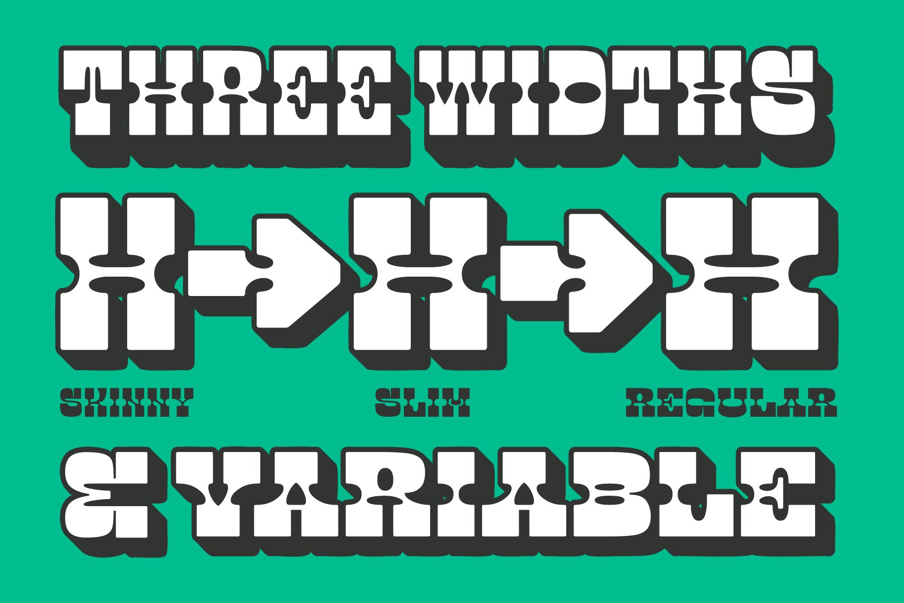 Bold 3D font graphic showcasing three widths skinny slim regular on green background perfect for designers seeking versatile typography assets fonts.