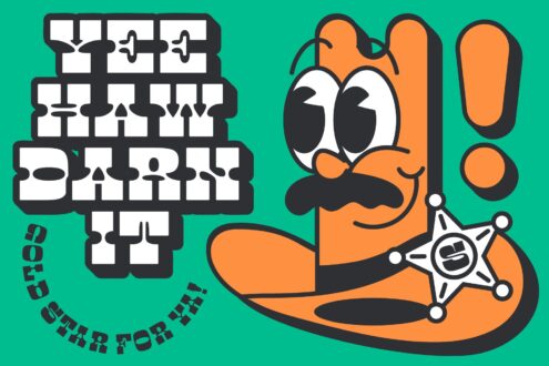 Orange cartoon character holding star wand with stacked text