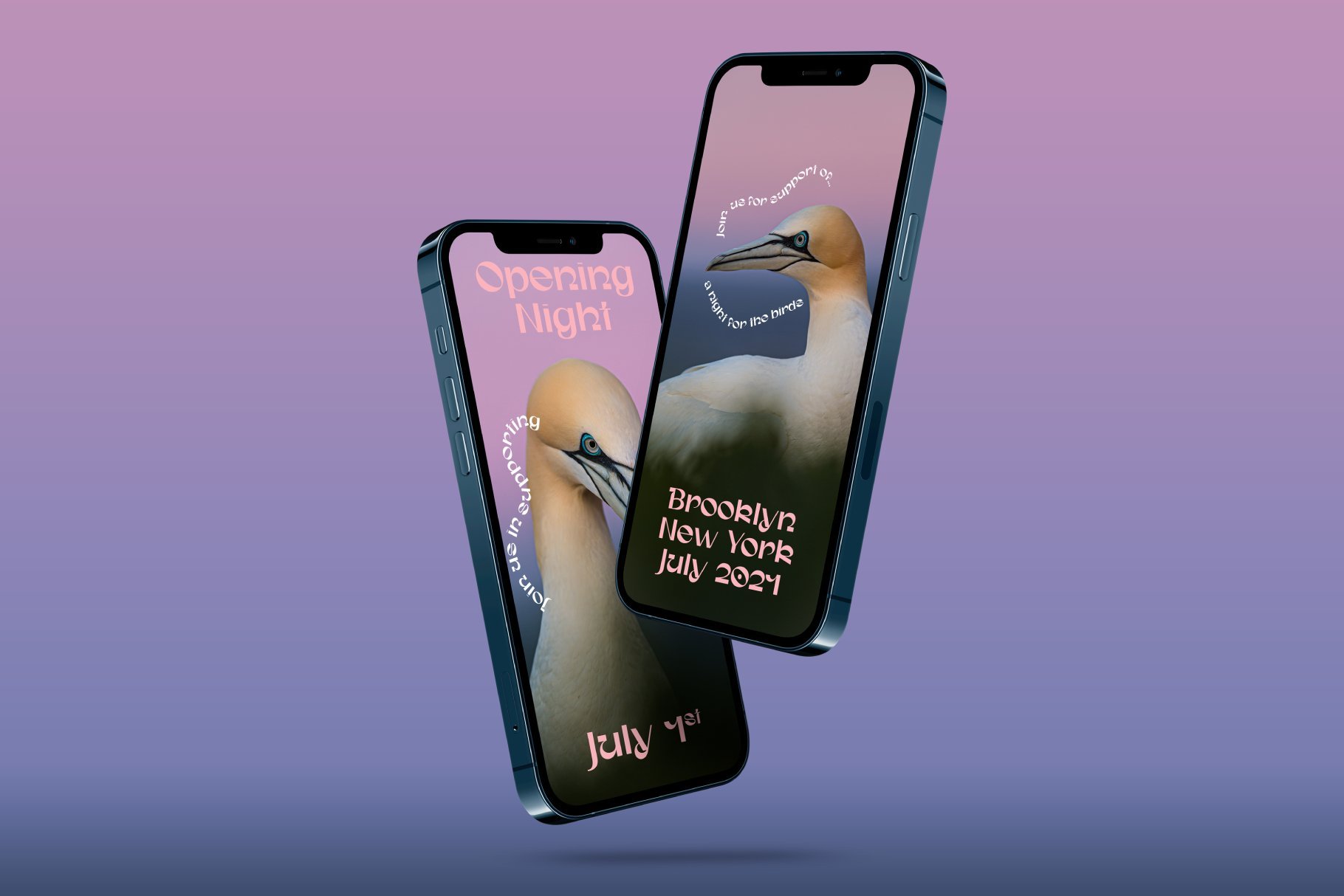 Two smartphones display an event poster with a bird image on a gradient background. Keywords: phone mockup, event poster, design template, digital asset.