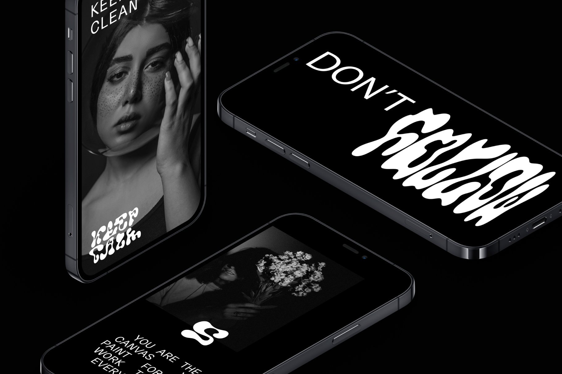 Mobile display mockup featuring stylish design with bold typography and monochrome photography. Ideal for designers seeking creative inspiration.