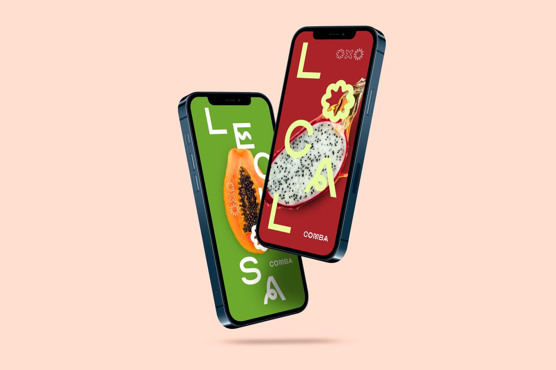 Dual mobile phone screen mockup featuring tropical fruits and bold text on vibrant backgrounds suitable for graphic design templates and digital assets.