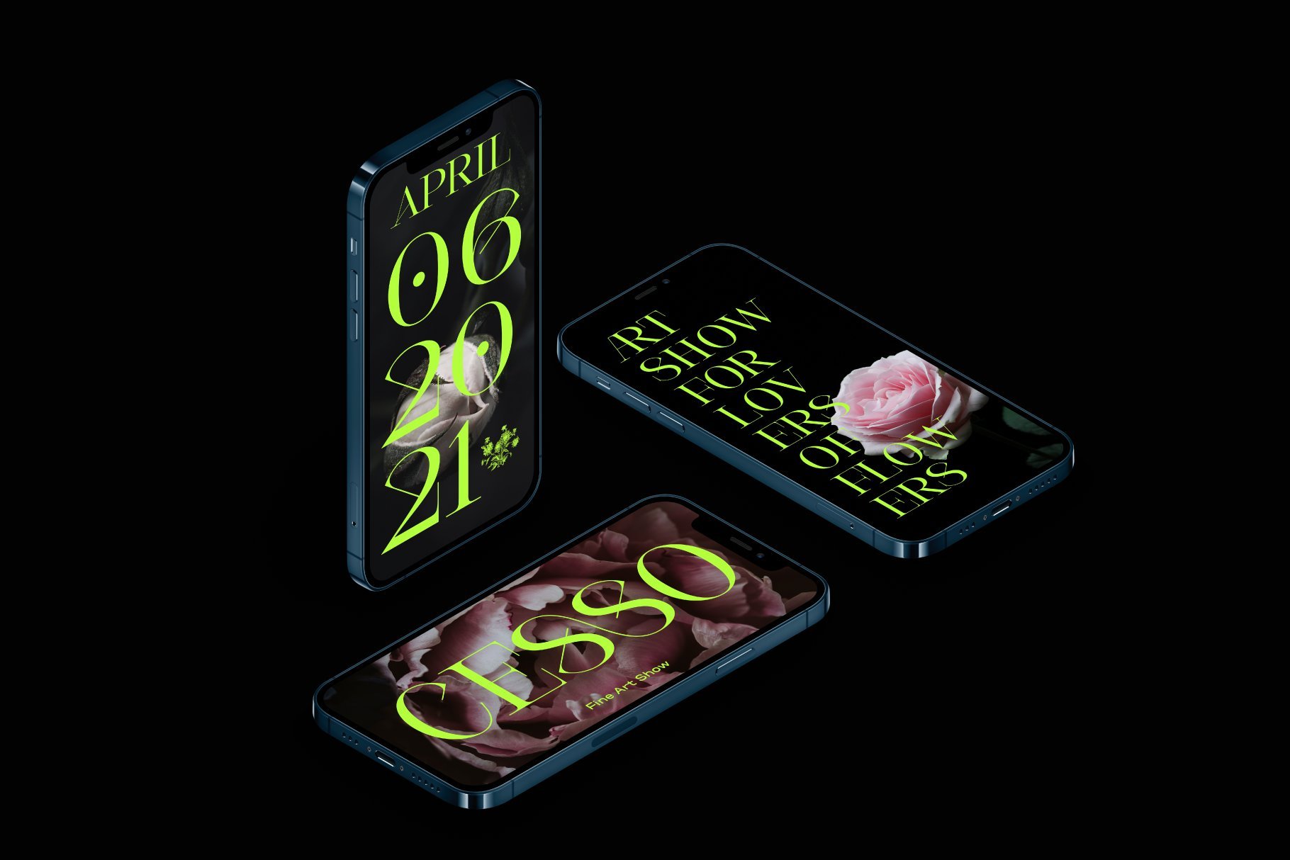 Three smartphones displaying floral-themed digital designs with neon green typography. Ideal for mobile app mockups or graphic design templates.
