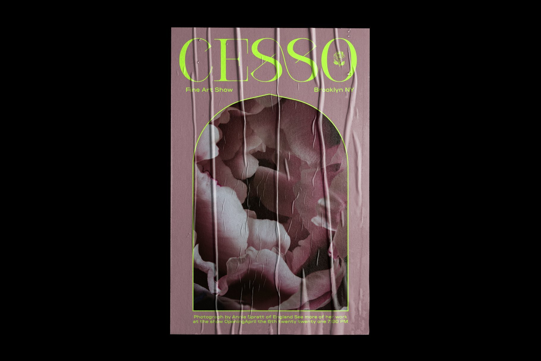 Poster mockup featuring abstract floral design and bold neon typography on textured paper background. Keywords: poster, mockup, abstract, floral, typography.