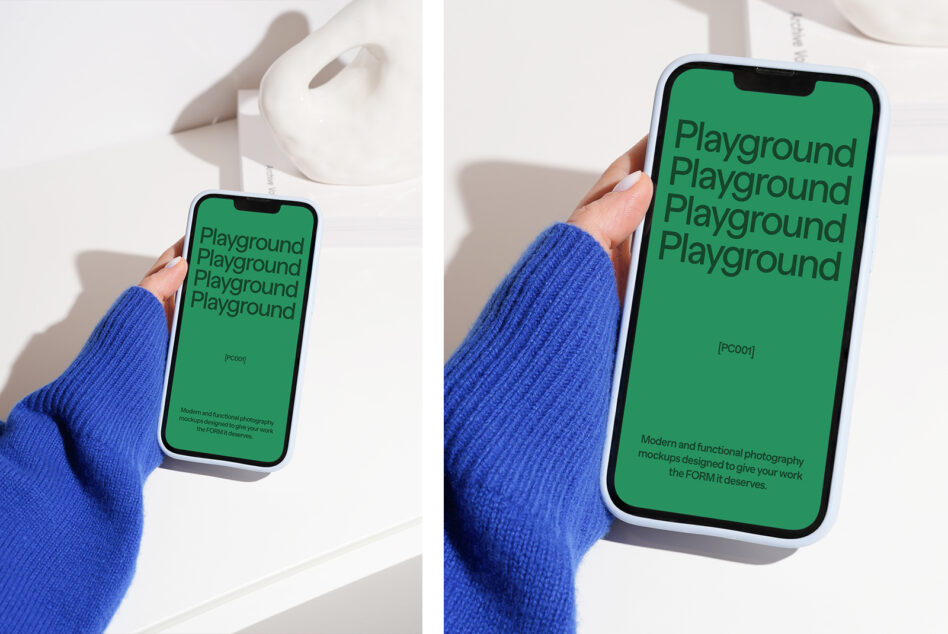 Phone mockup in hand showing green screen with Playground text layout