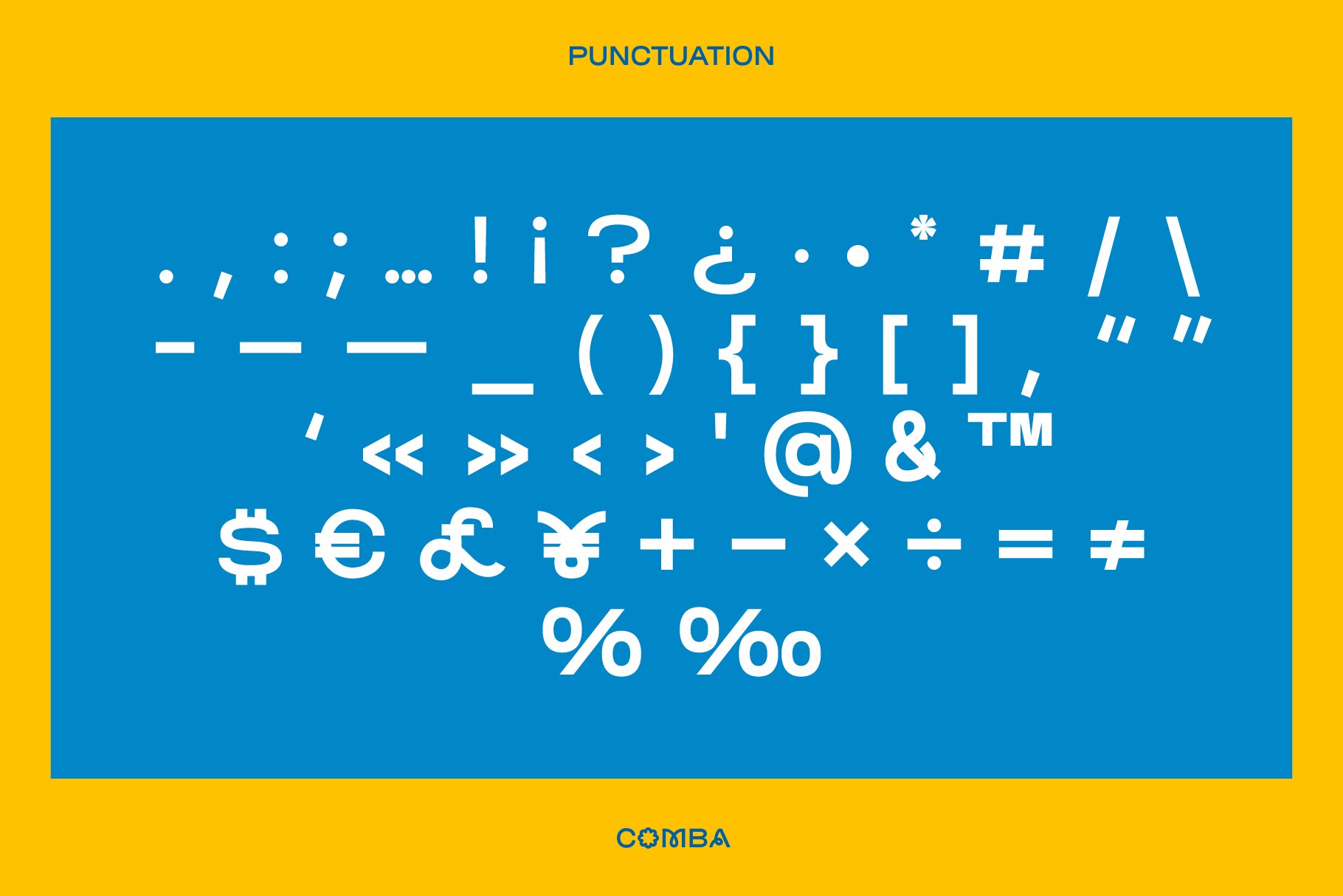 Bold punctuation symbols set on blue and yellow background showcasing variety of characters for design use. Perfect for fonts and graphic templates.