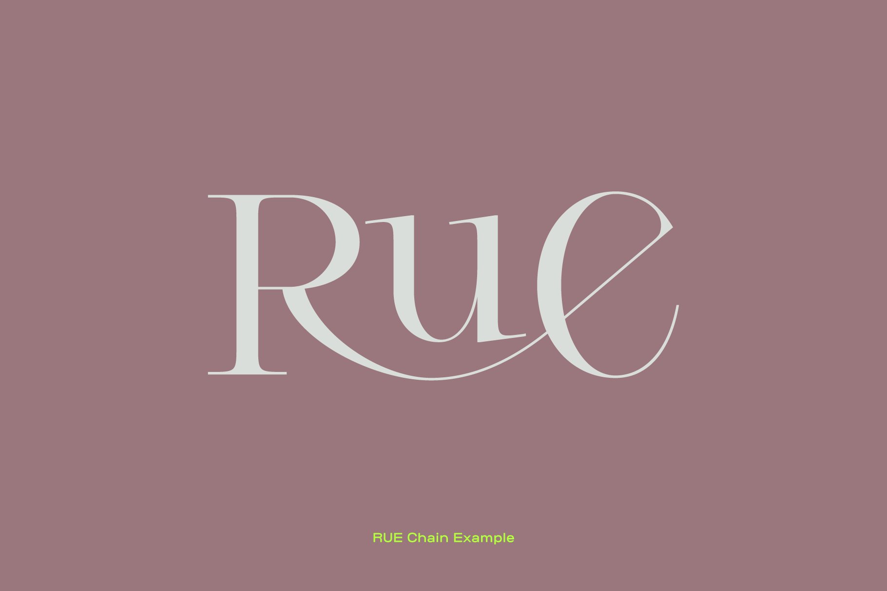 Elegant font design featuring the word Rue on a mauve background. Perfect for graphic designers seeking stylish typography assets for branding projects.
