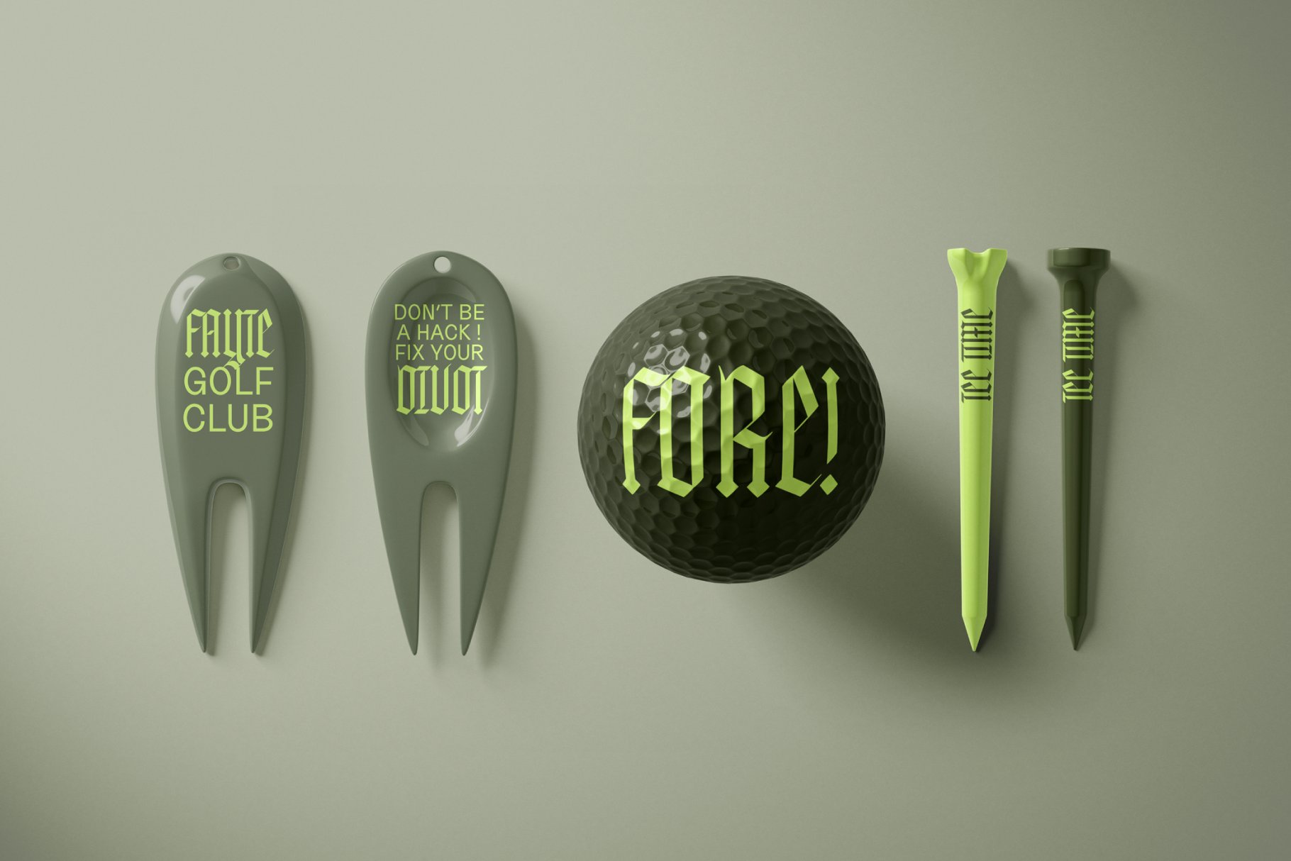 Golf accessories mockup featuring divot tools, tees, and a golf ball with stylish typography. Perfect for designers creating sports graphics.