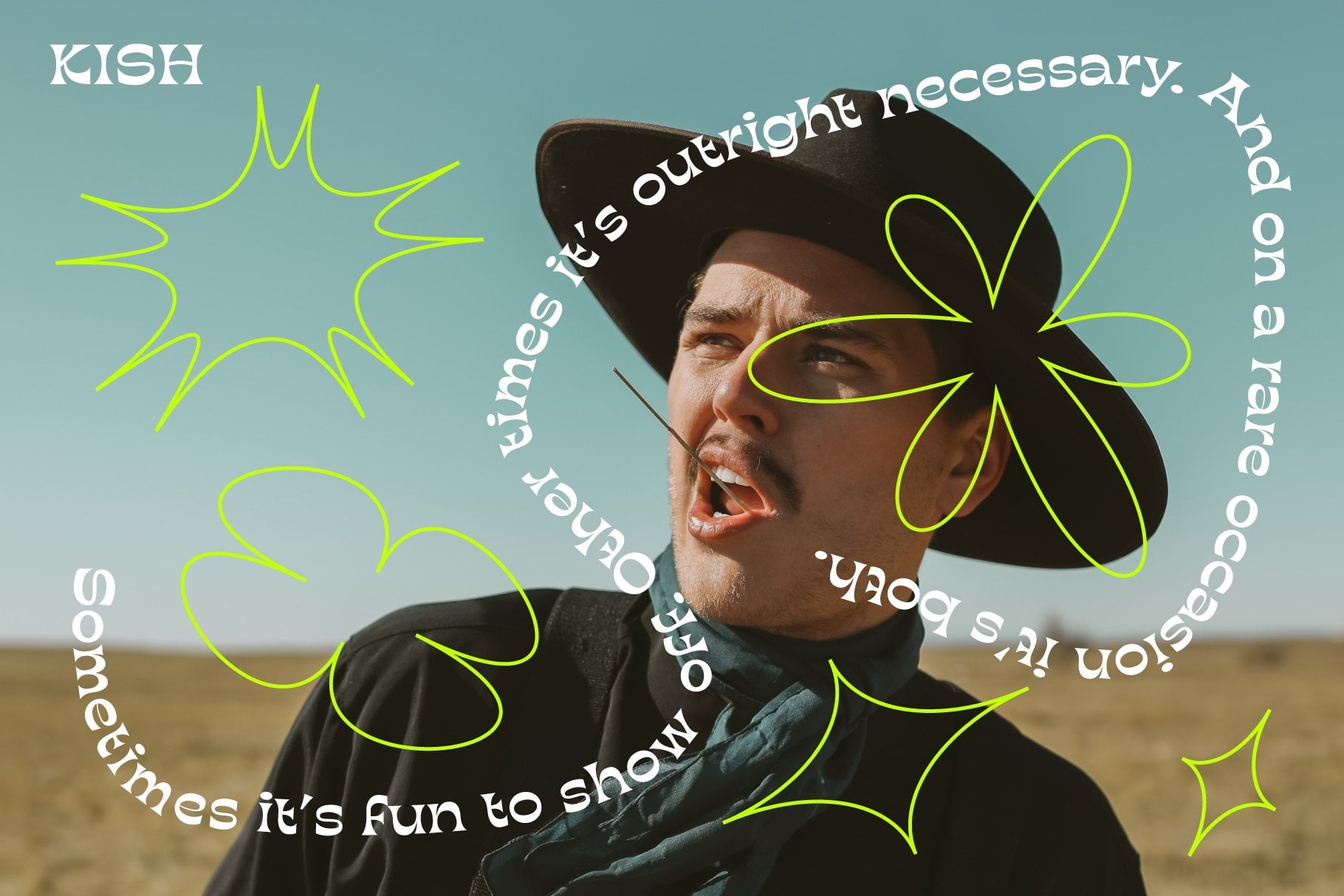 Klish font in action with neon yellow florals overlaid on man wearing hat desert setting