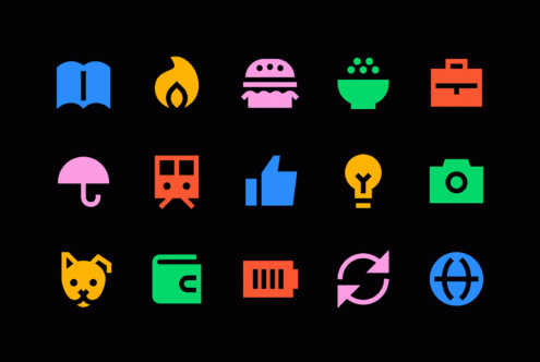 Colorful vector icons set on a black background featuring symbols like book flame burger camera designed for graphic designers SEO keywords graphics icons