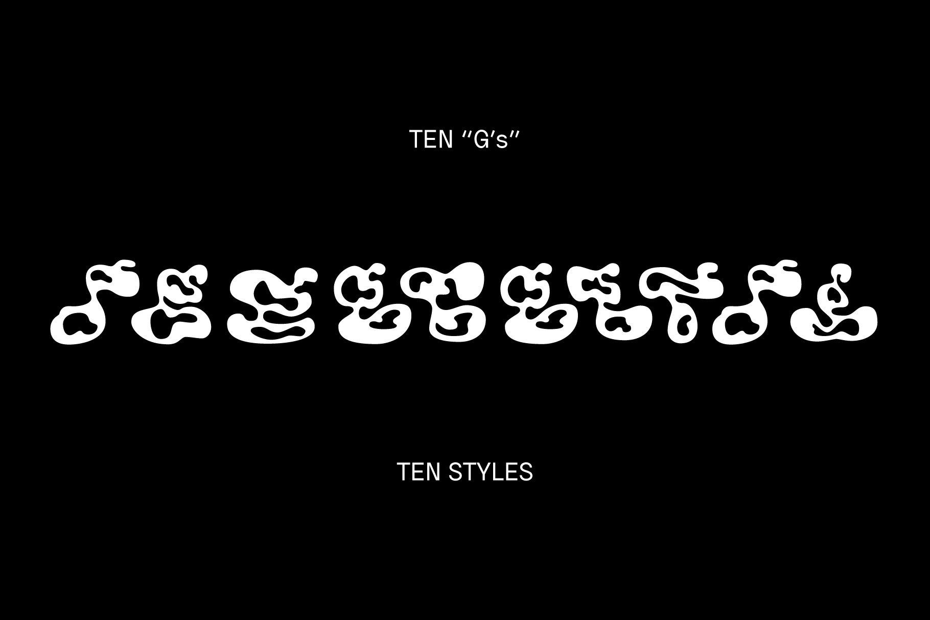 Abstract font design with ten fluid Gs on black background showcasing creative typography styles for graphic designers and digital assets.