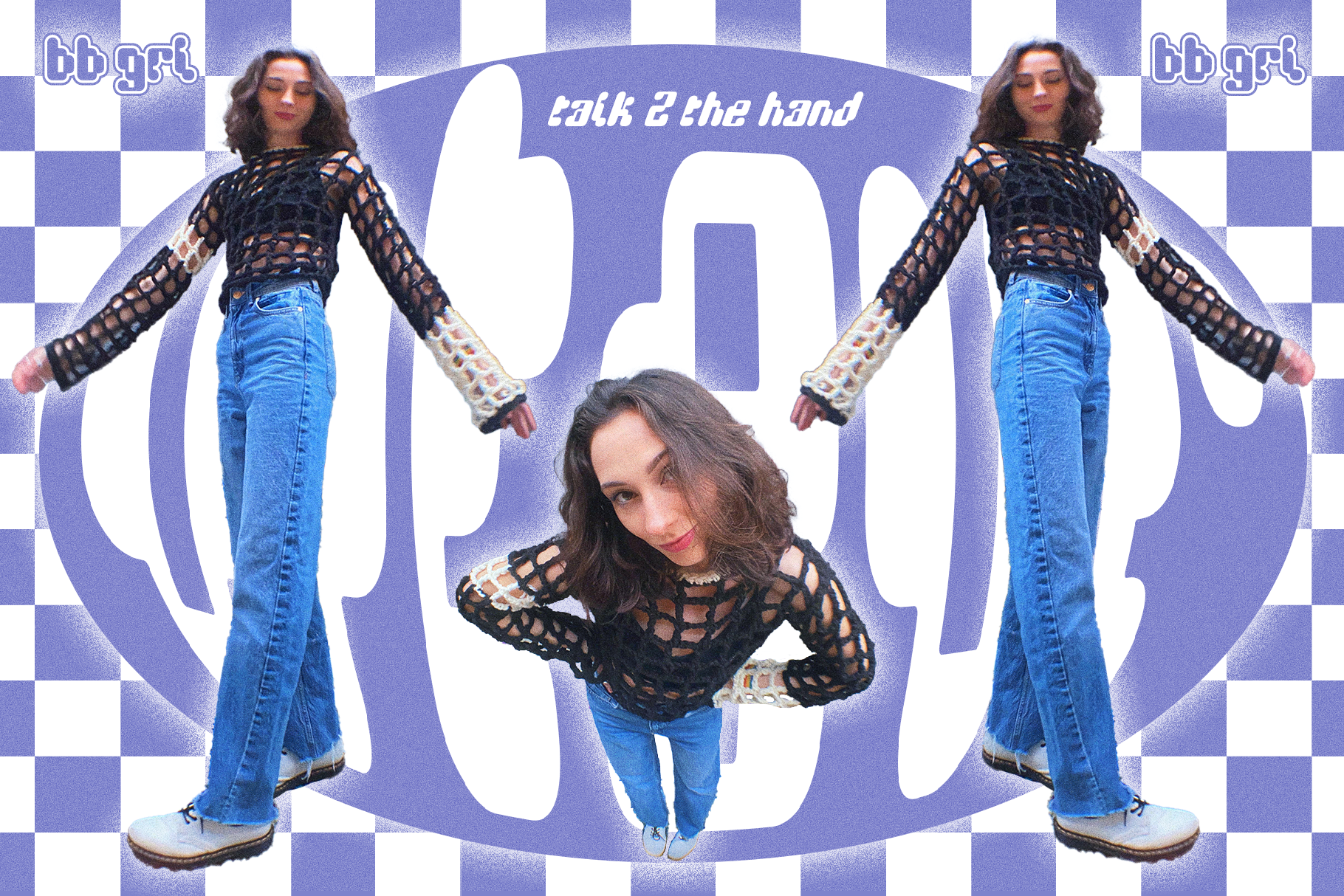 Fashionable young woman in blue jeans and black crochet top with purple checkerboard background. Ideal for design templates and mockups.