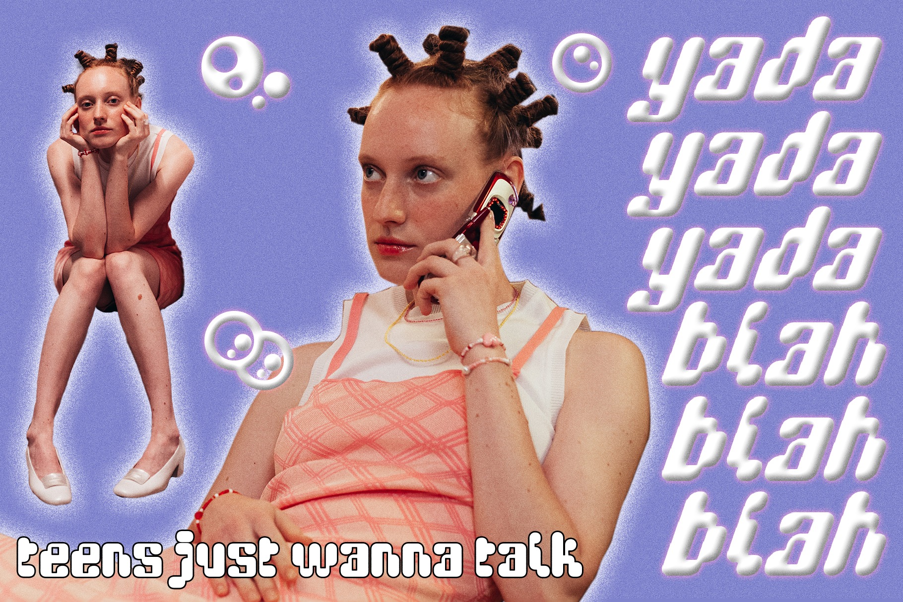 Teen fashion collage with bun hairstyle model on phone. Text says yada yada. Pastel aesthetic ideal for graphic designers. Youth culture visual.