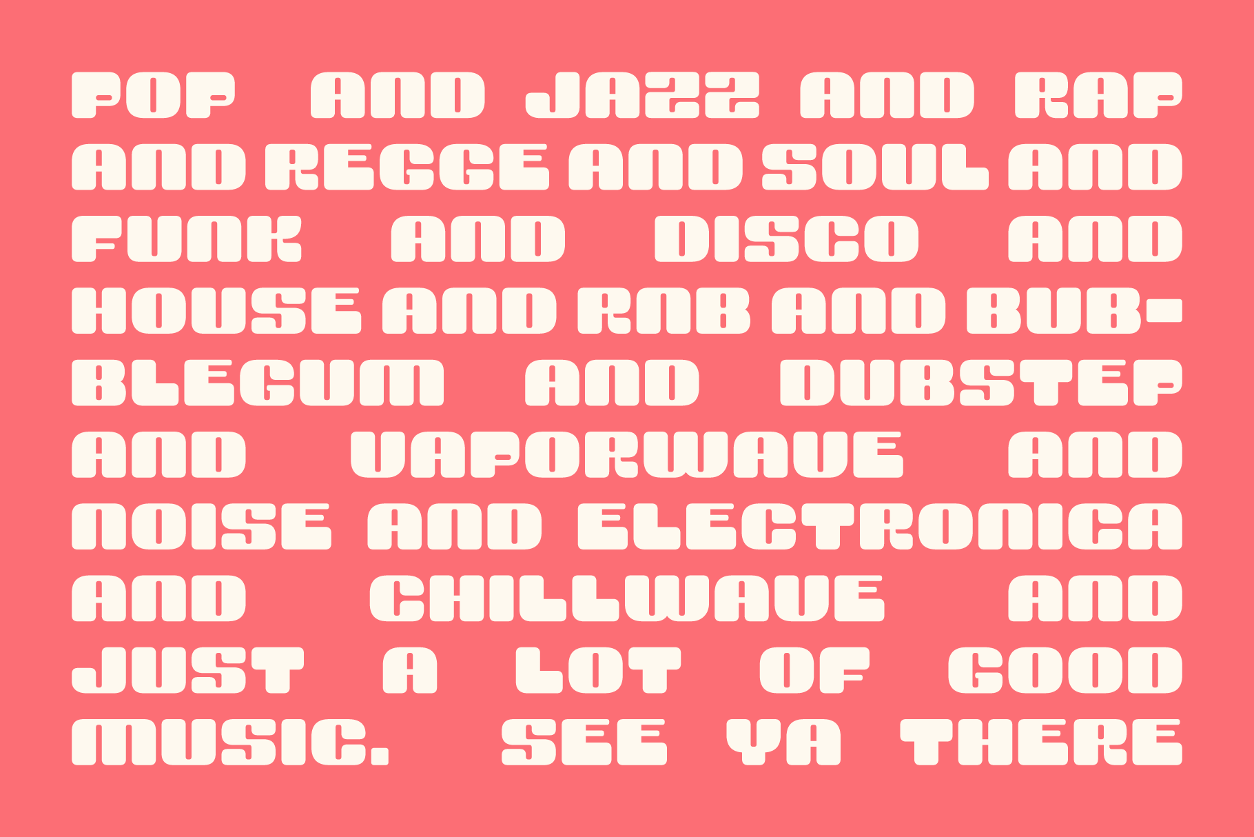 Bold retro font on a pink background listing music genres like pop jazz rap reggae. Perfect for graphics and typography projects. Font design asset.