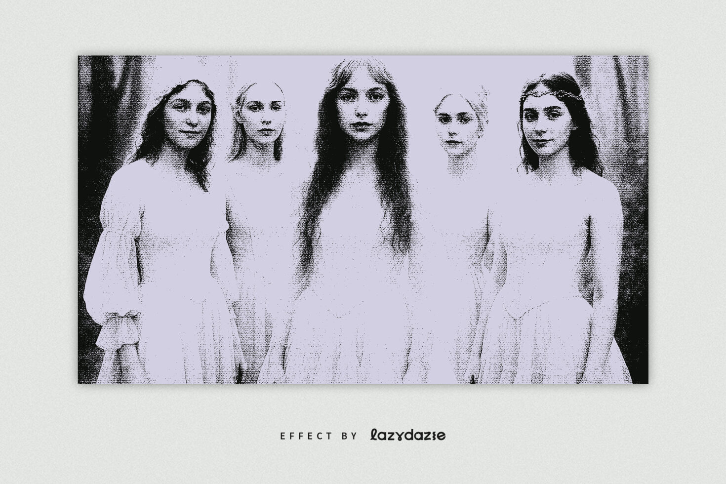 Vintage-inspired graphic showcasing five women in ethereal dresses with a halftone effect perfect for designers creating unique visual assets