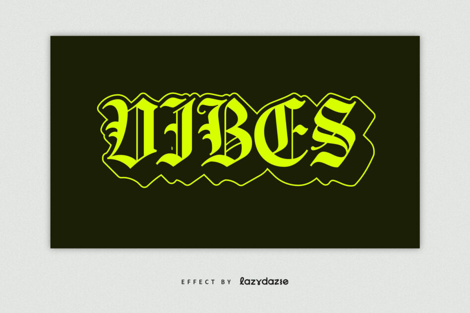 Neon yellow gothic lettering spelling "VIBES" with wavy outline on dark olive background