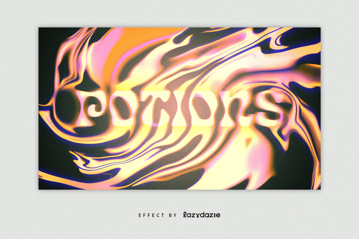 Colorful abstract template with melting letters reading POTIONS. Ideal for graphic design projects. Vibrant, fluid, artistic font effect.
