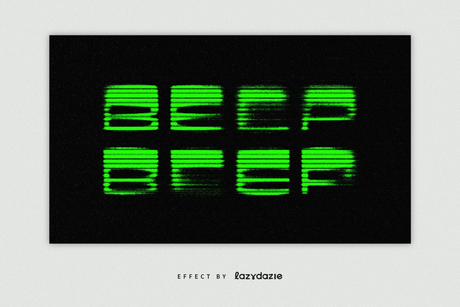 Glitch effect text graphic reading BEEP BEEP in neon green on black background for designers. Ideal for digital graphics, typography, effects.