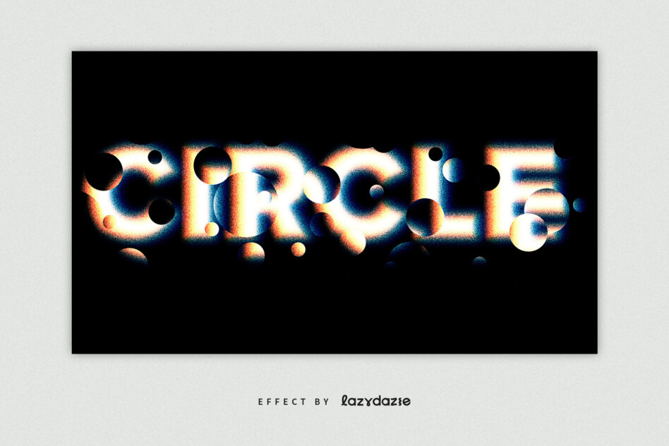 Bright orbs scattered around glowing text on dark background
