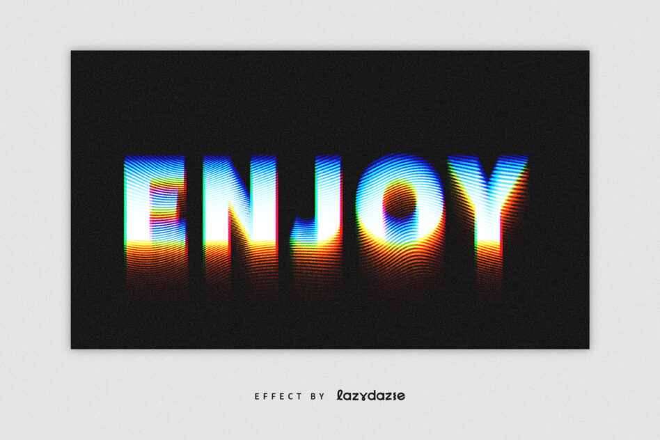 Neon striped letters spelling ENJOY in cyan yellow orange on dark background