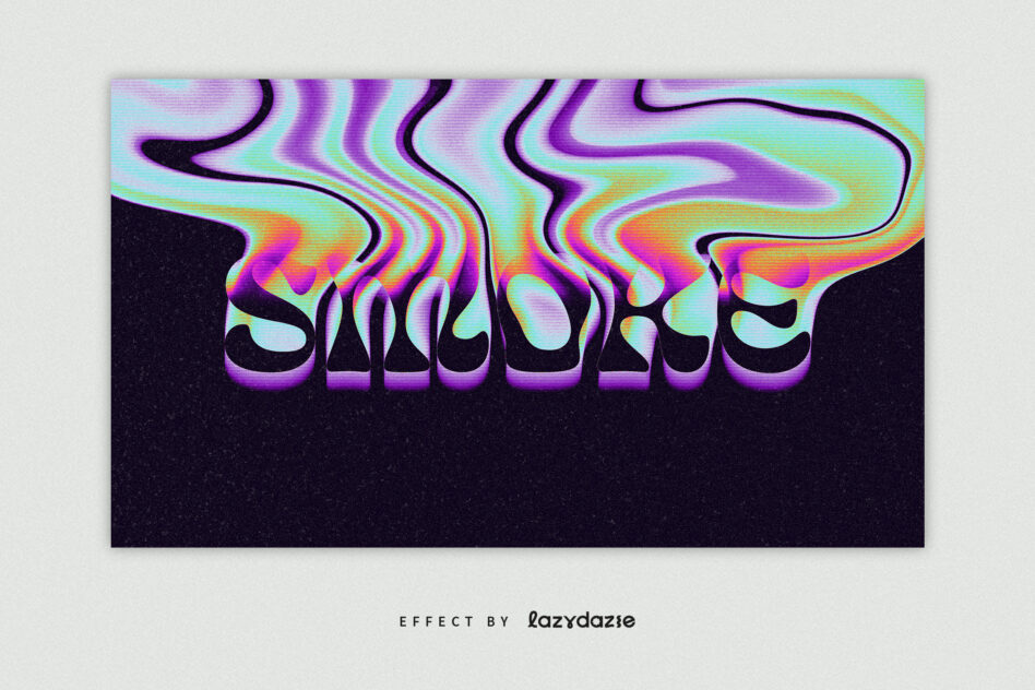 SMILE text in rainbow liquid effect with black wavy outline